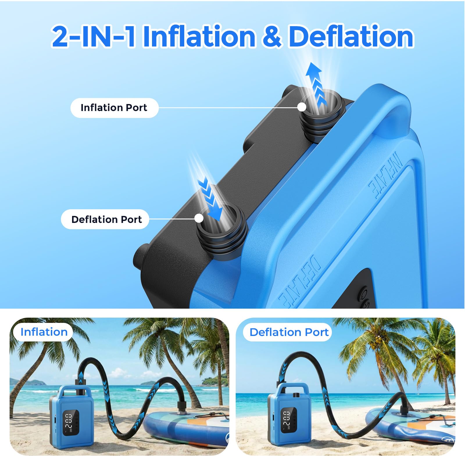 Pompa elettrica SUP 20 PSI Pompe ad aria con batteria ricaricabile da 15600 mAh Intelligente Inflazione/Deflazione Precisione fino a 0,01 bar Spegnimento automatico per tavole SUP kayak
