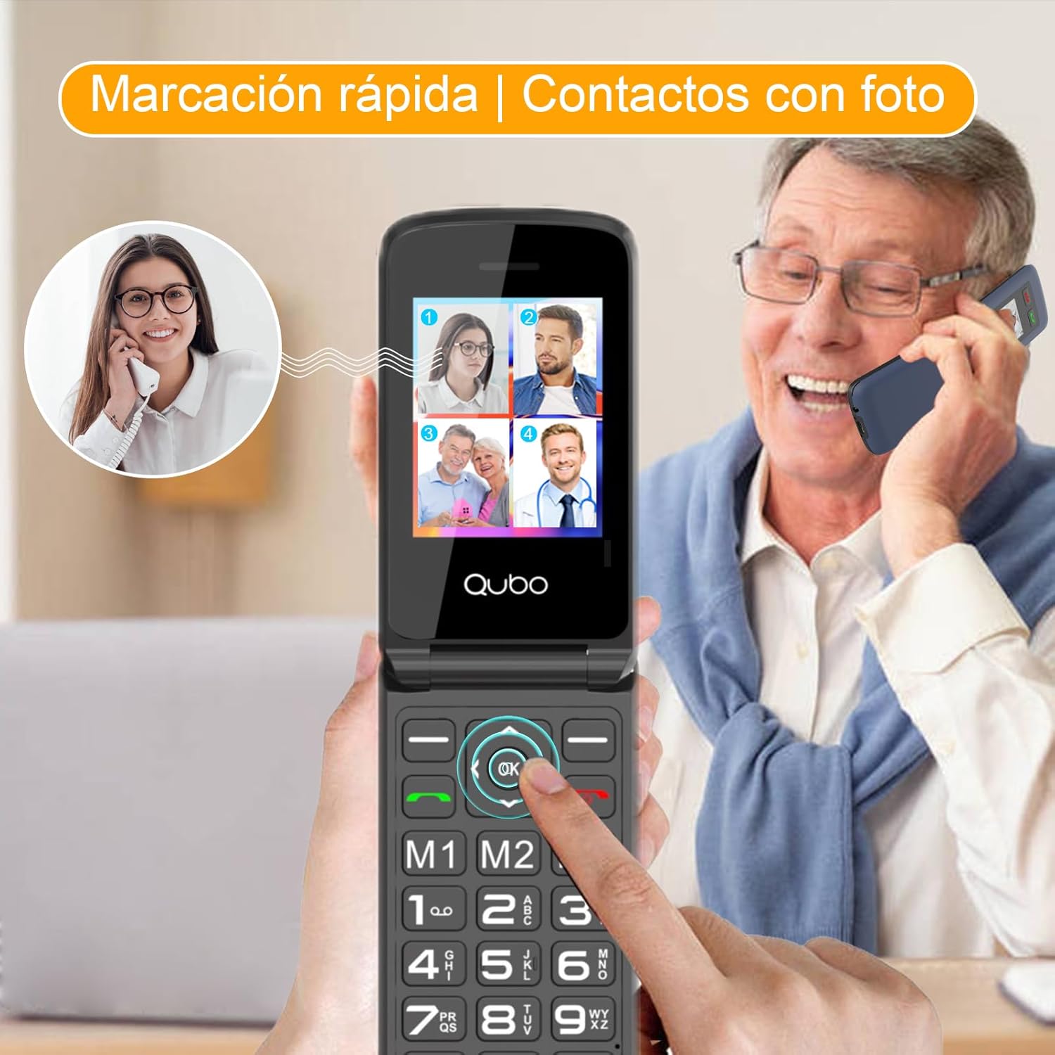 Qubo X247 Flip Phone showing speed dial contacts with photos, used by a senior.