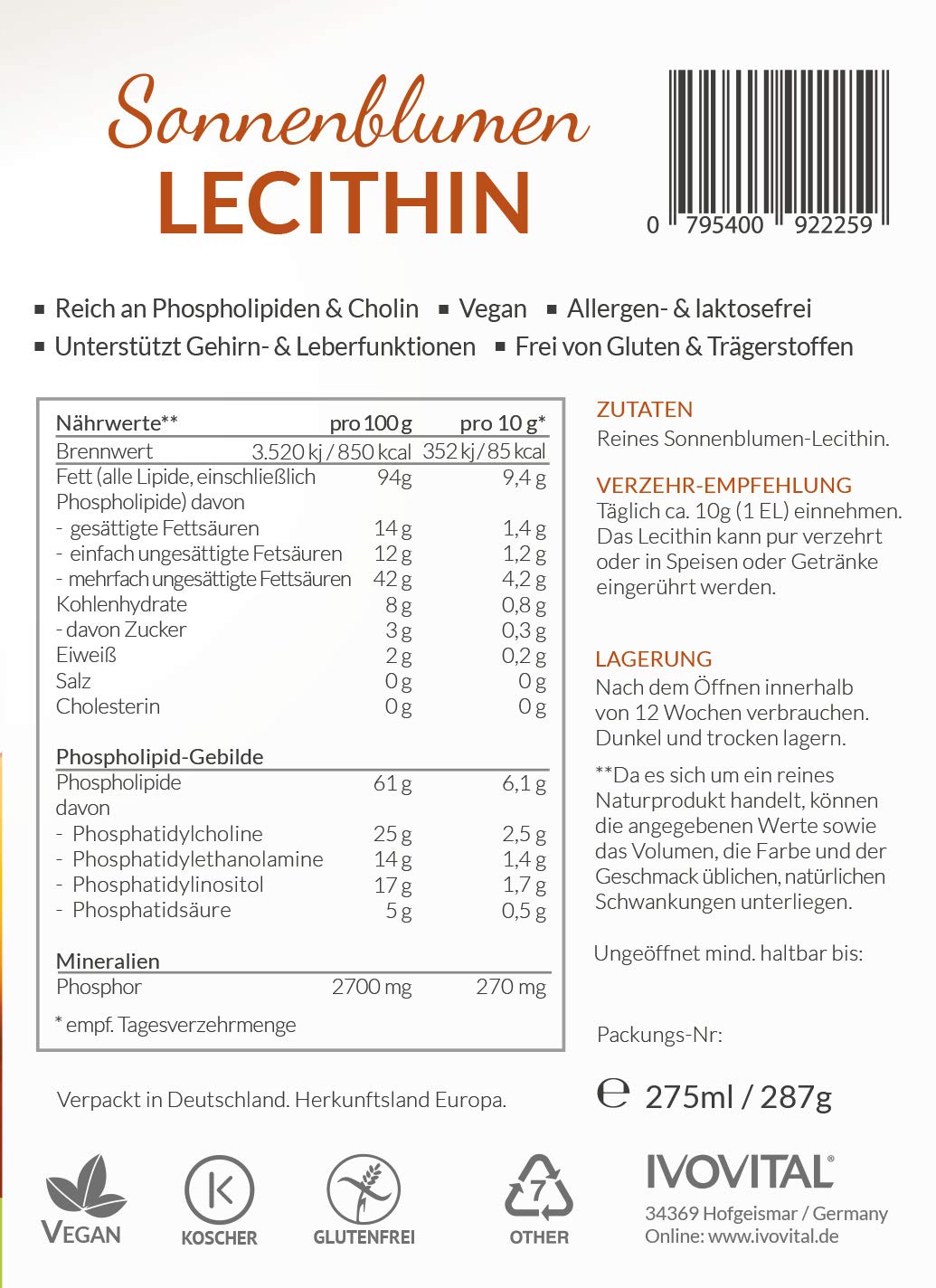 Sonnenblumen-Lecithin flüssig (Allergenfrei), IVOVITAL® (275 ml)