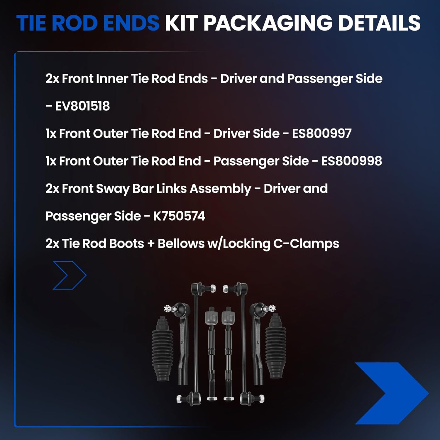 8-PC Steering Suspension Kits Compatible with Toyota Sienna 2011-2020,2xInner tie rod EV801518,2xOuter tie rod ES800997 ES800998,2xStabilizer Bar Link K750574,2xdust cover