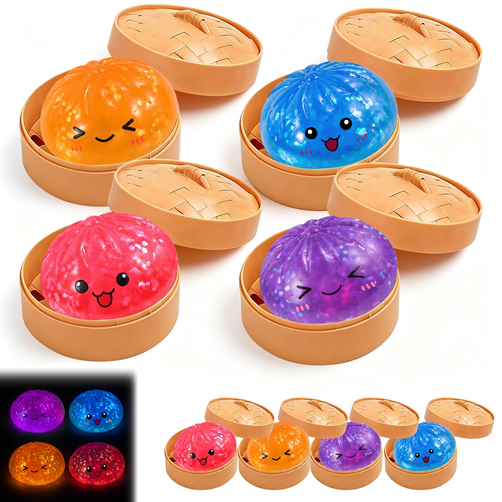4PCS Giant Dumpling Glow in the Dark Squeeze, Dumplings Fidget Squishy Toys, Soft Slow Rising Stress Balls for Anxiety Relief, Sensory Toy Gift for Kids and Adults (E)