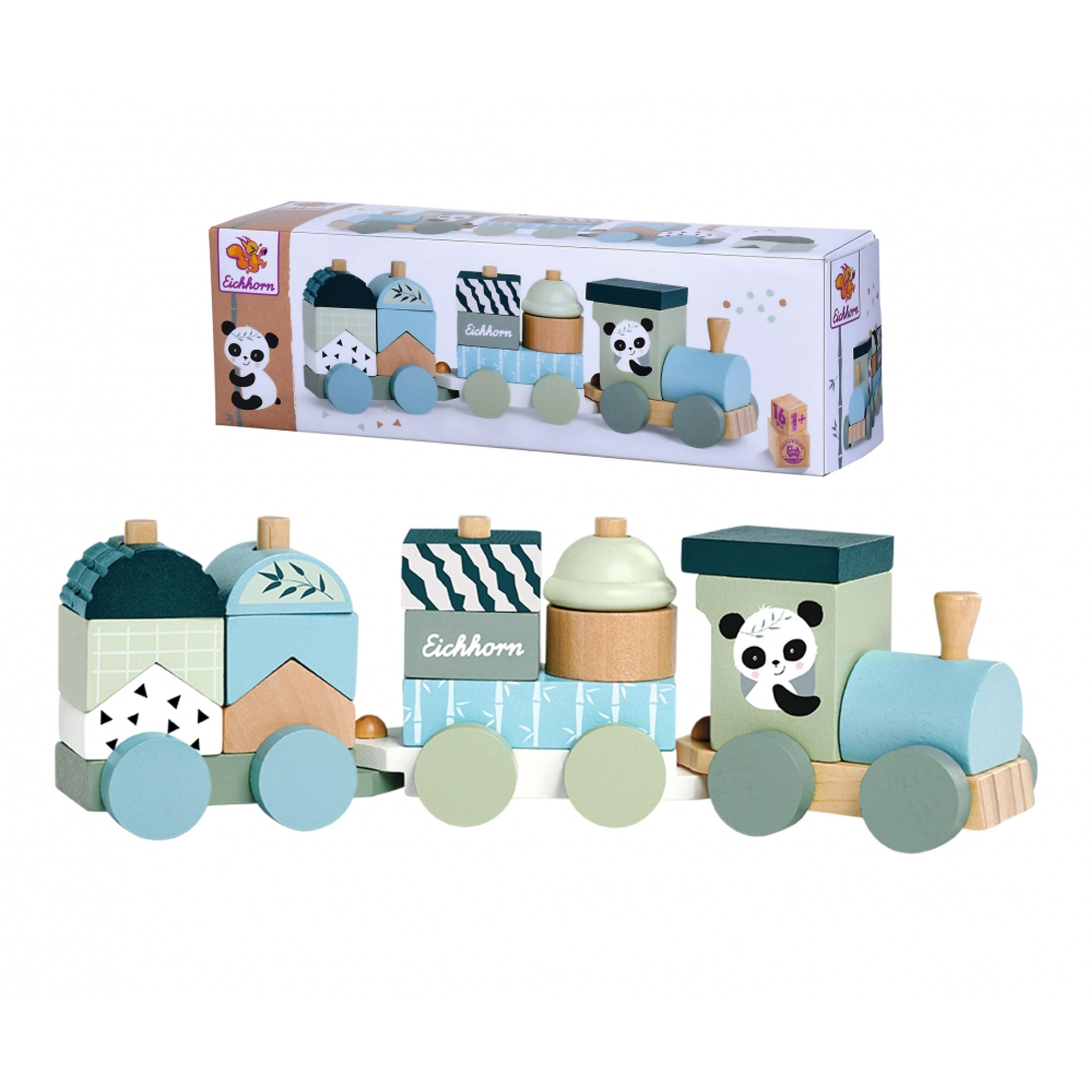 Eichhorn Wooden Train with 2 Wagongs and 13 Building Blocks, Locomotive and Trailer Consisting of Building Blocks, 16 Pieces, 29 cm Long, Motor Skills Toy for Children from One Year