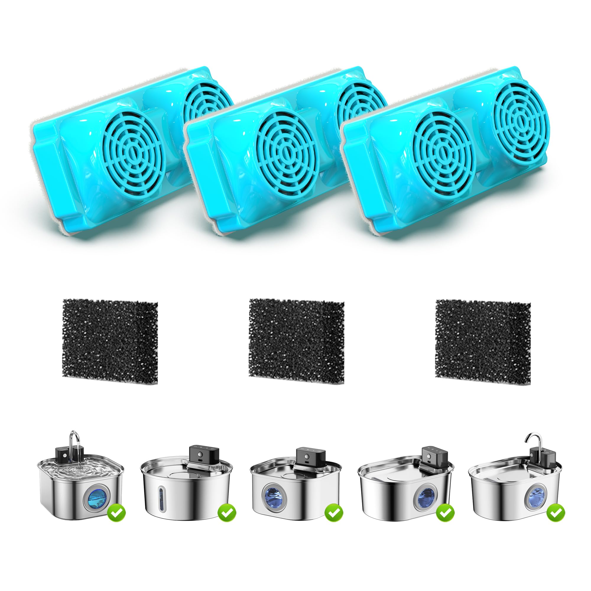 Cat Water Fountain Filter for 108oz/3.2L Wireless Cat Fountain,Replacement Filters for Stainless Steel Battery Operated Pet Fountain(3 Filters and 3 Sponges)