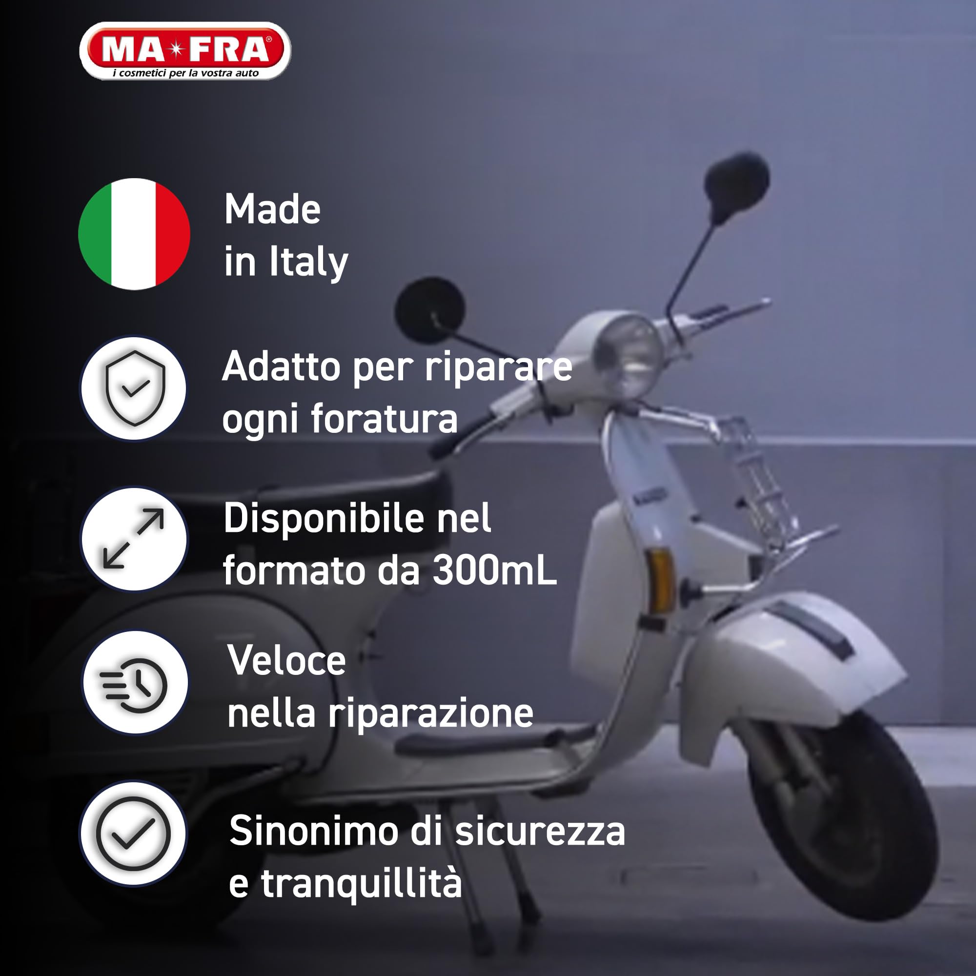 MAFRA, Quick, Gonfia e Ripara le Gomme Forate di Auto e Moto, Adatto a Pneumatici con e Senza Camera d'Aria, Facile da Trasportare, Bomboletta da 300ml