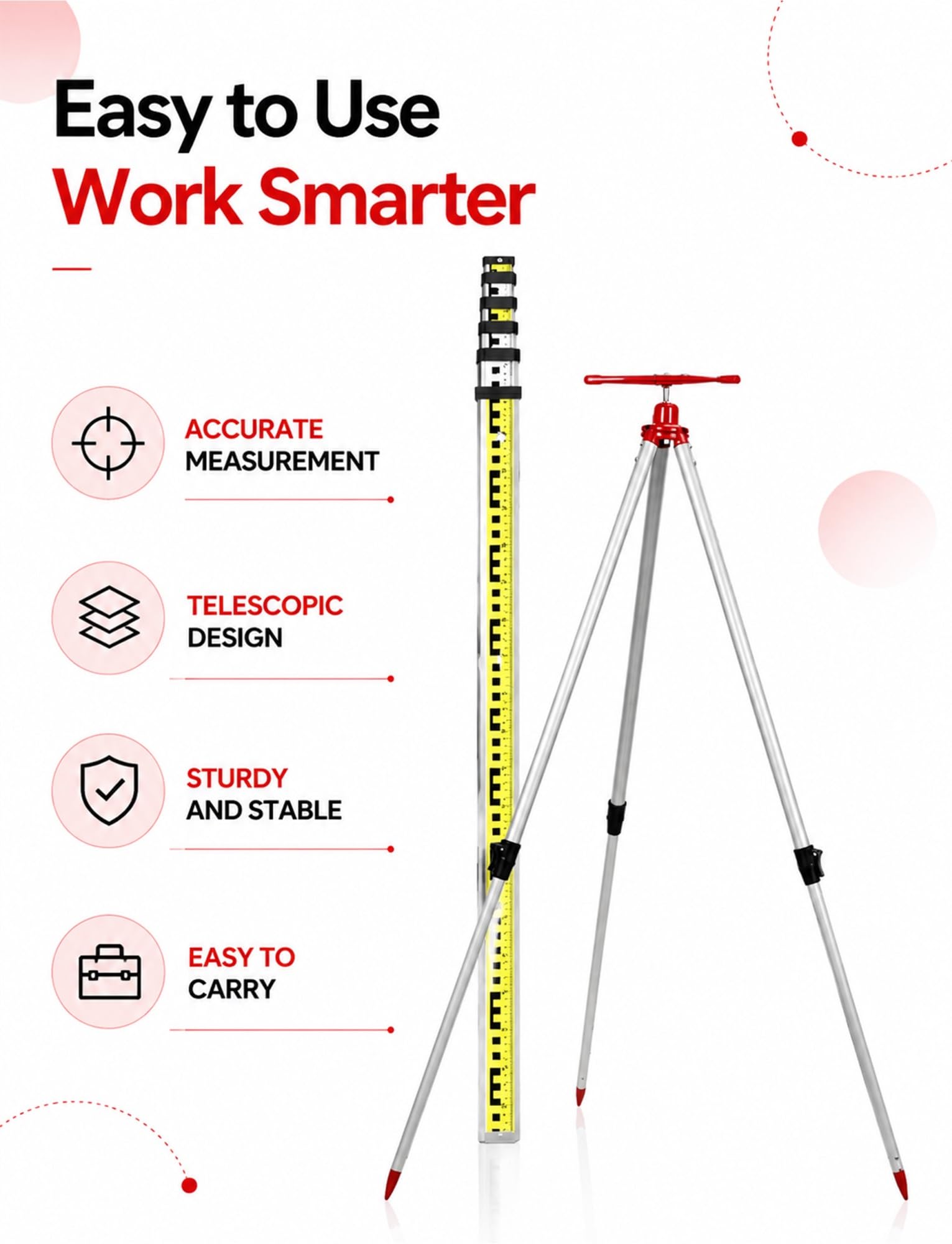 Mira telescópica de Aluminio con trípode (Escala métrica) para topografía y construcción.
