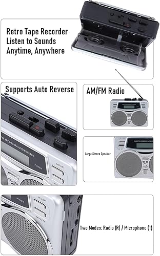 Miniatura 7 de Zunate Multifunctional Retro Cassette Player Recorder with Built in Speaker Headphone Jack Digital Clock Timer AM FM Radio Microphone Recording