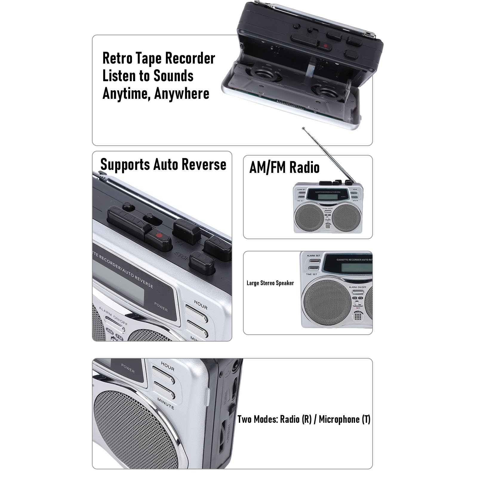 ASHATA Retro Kassettenspieler mit AM FM Radio, Tragbarer Kassettenspieler mit Integriertem Stereolautsprecher und Kopfhöreranschluss, Digitaler Zeitschaltuhr, für zu Hause Im Freien