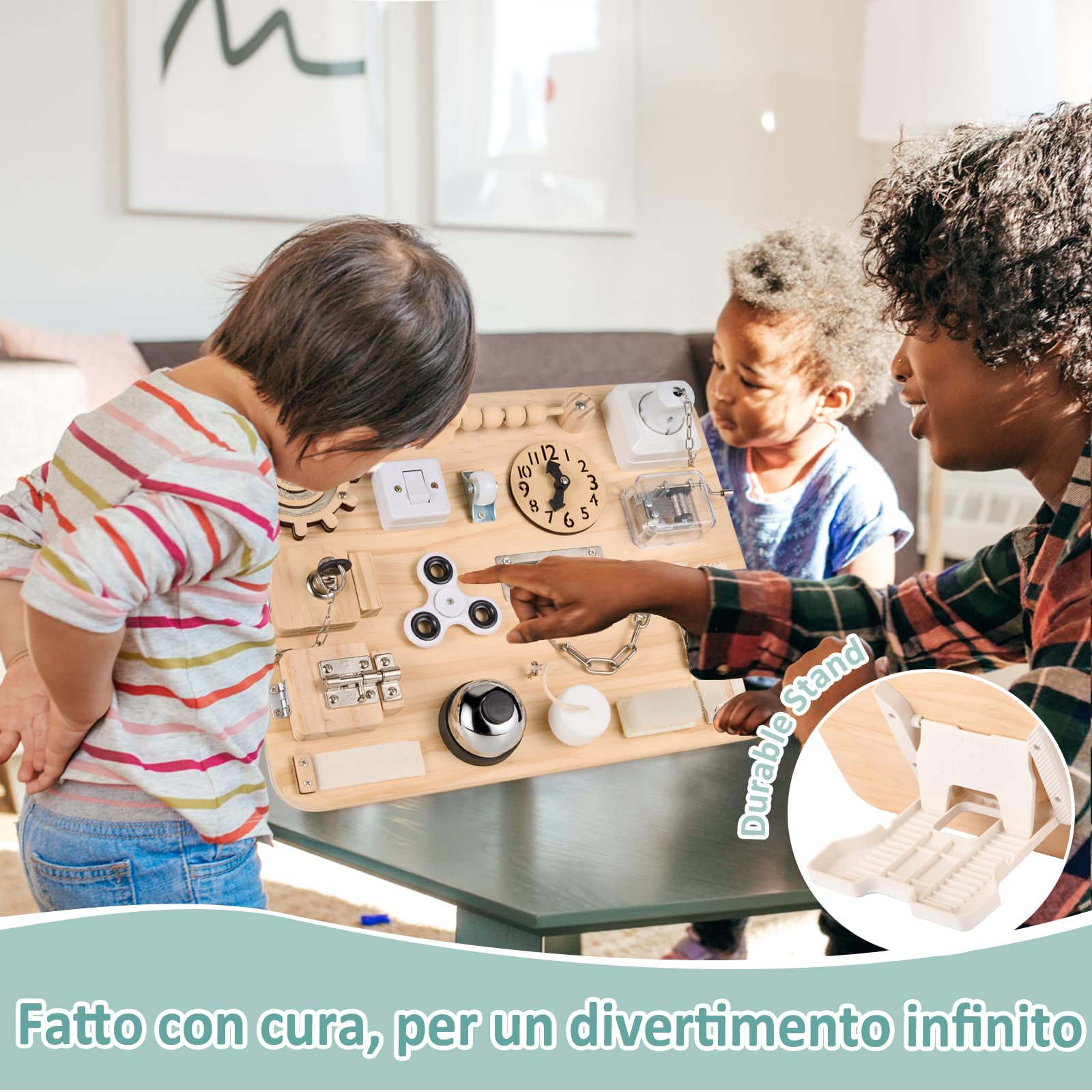 potatomato Montessori Busy Board – Giocattolo sensoriale in Legno per Bambini | Tavola educativa per Lo Sviluppo delle abilità motorie, Ideale per Viaggi, Aerei e Come Supporto sensoriale