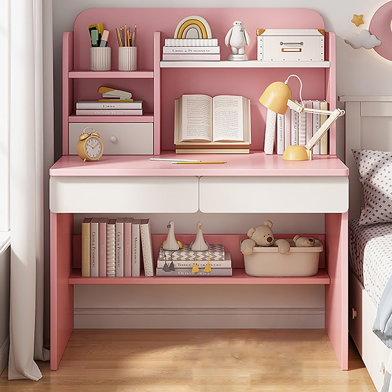 Bureau d'ordinateur gain de place 100cm meuble de travail bleu avec étagères de rangement