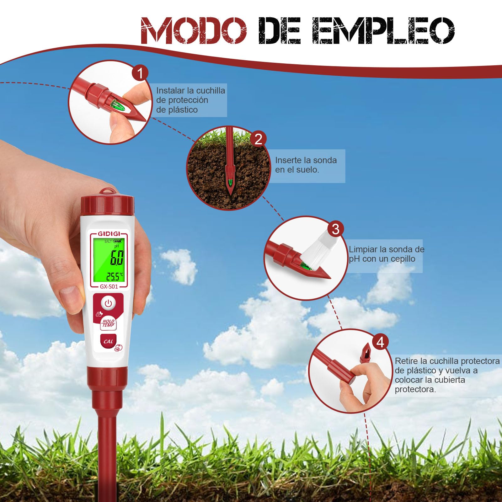 Medidor de pH y temp del suelo, pHímetro de suelo plantas en maceta
