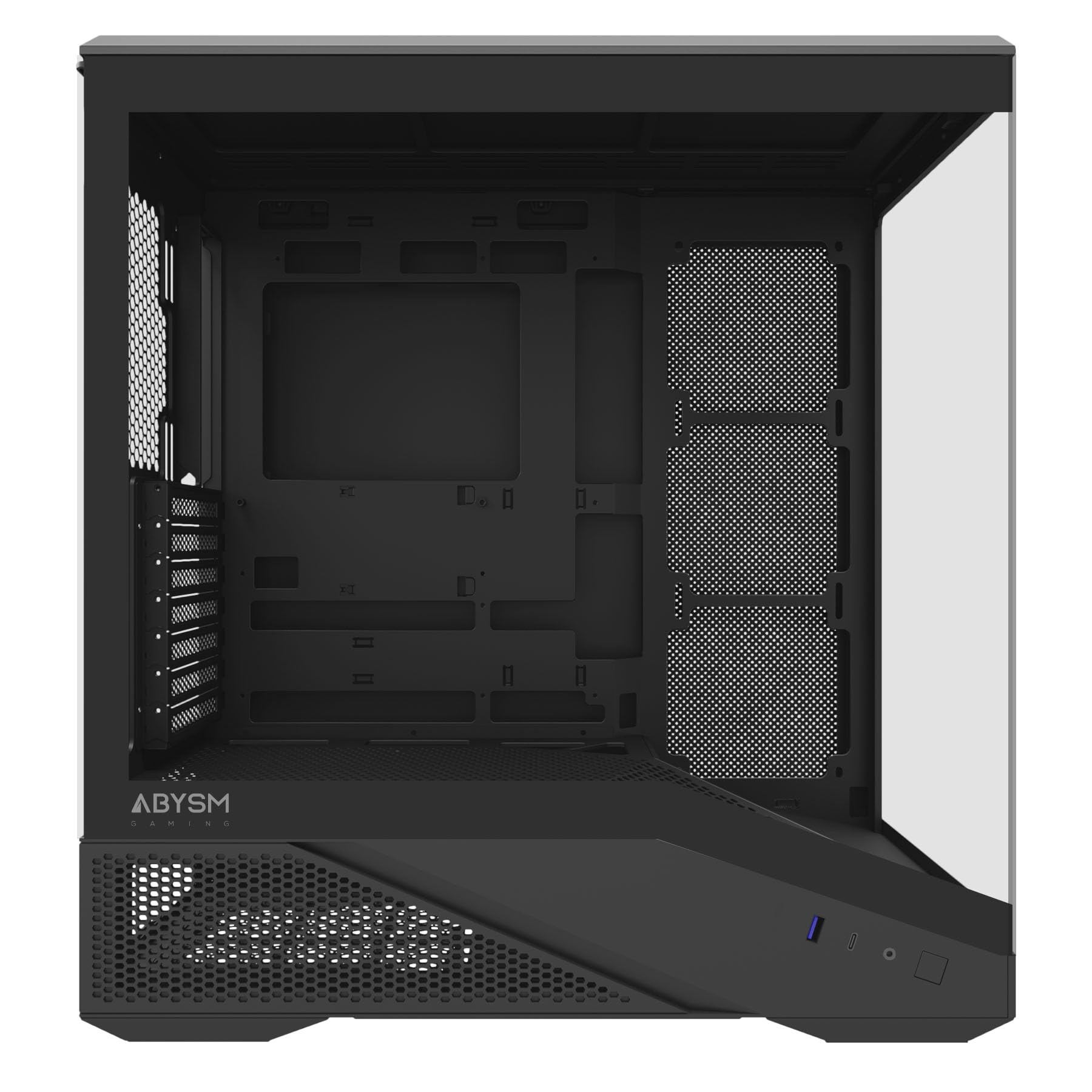 Abysm Gaming Arian Frame A400 – Torre ATX Gaming con telaio inclinato, 4 ventole ARGB PWM, vetro temperato, supporto GPU 420 mm, USB Type-C, raffreddamento liquido 360 mm – scatola PC Gamer nera