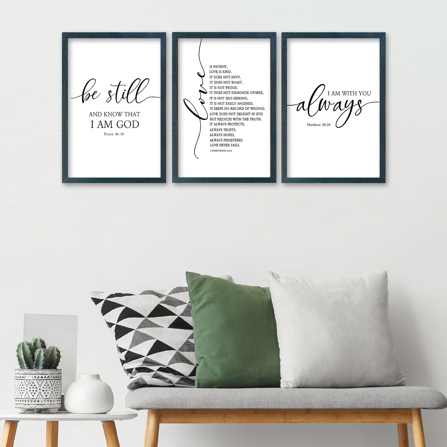 SRSZHIYUE Bible Verses Wall Decor Be Still Love Is Patient I Am With You Always 16"×11" Set of 3 Wooden Framed Scripture Living Room Wall Hanging Art (Black)