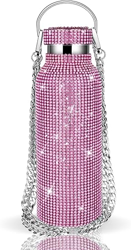 Miniatura 1 de JRIQH Bling Cup - Botella de agua con purpurina, botella de agua térmica de acero inoxidable con cadena para mujer (rosa, 25.4 fl oz)