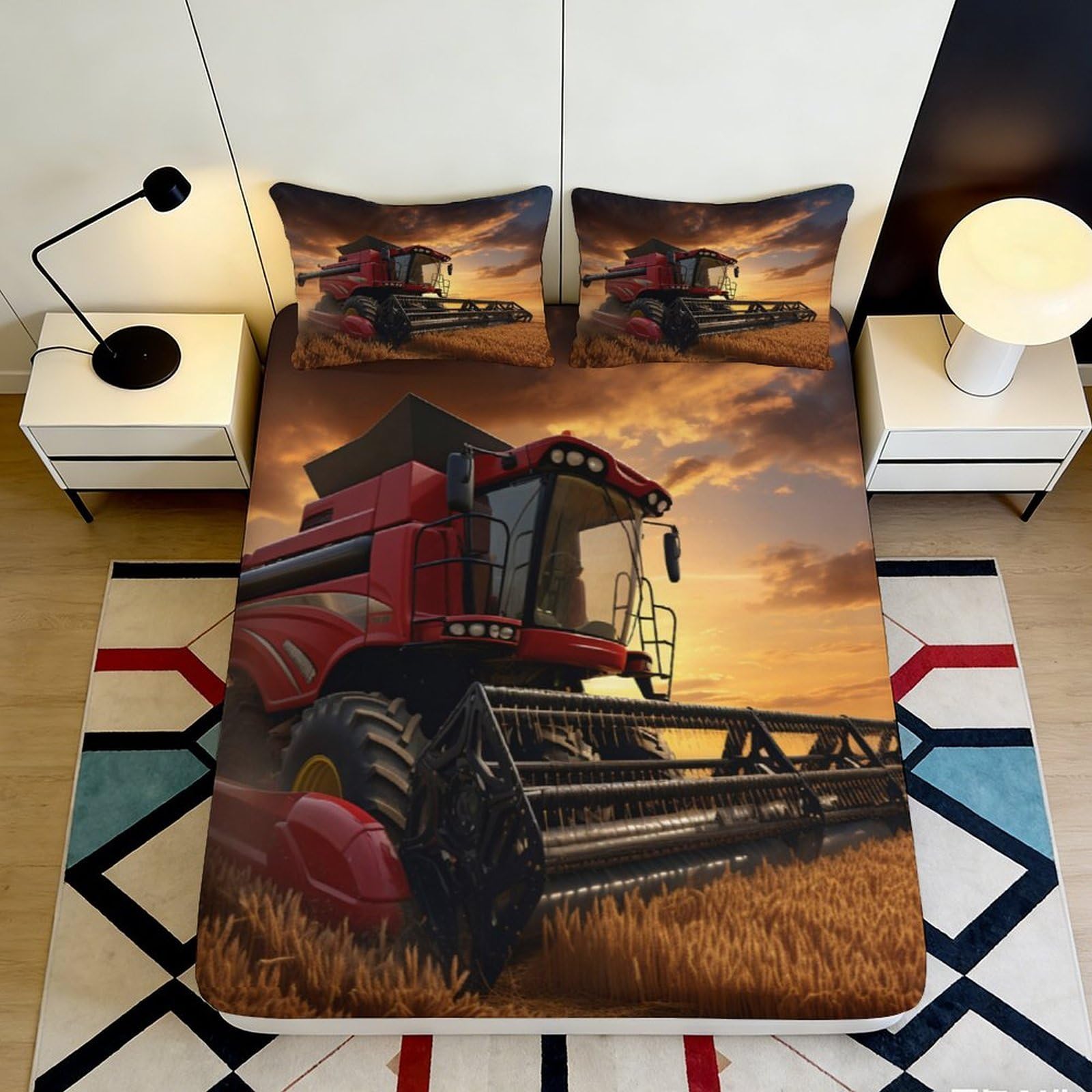3D Printed Red Harvester Fitted Sheet Microfiber Wheat Field Bed Cover Bedroom Dorm Mattress Protection Decor 90x200x25cm