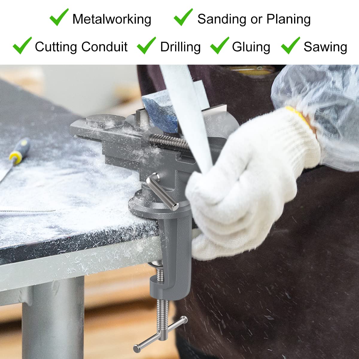 Housolution Tornillo de Banco Mordazas Universal 70 mm, 360° Grado Abrazadera de Banco de Base Giratorio Multiángulo, Herramientos Portátil Hogar de Reparación con Agarre para Mesa, Carpintería - Gris
