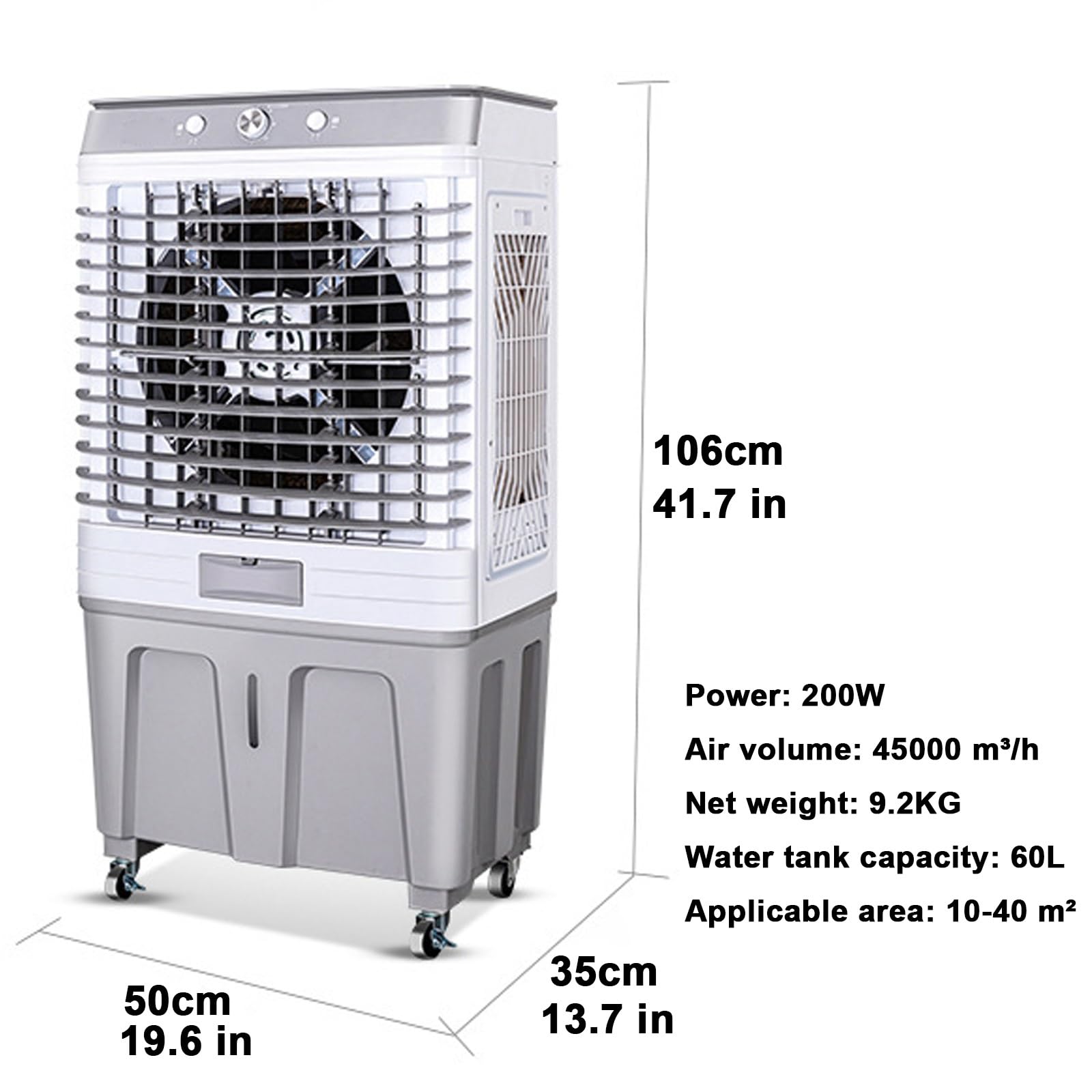 Enfriador de aire evaporativo industrial, tanque de agua de 60 litros, oscilación de 120°, 3 velocidades de viento para uso comercial al aire libre, enfriador de pantano resistente para una