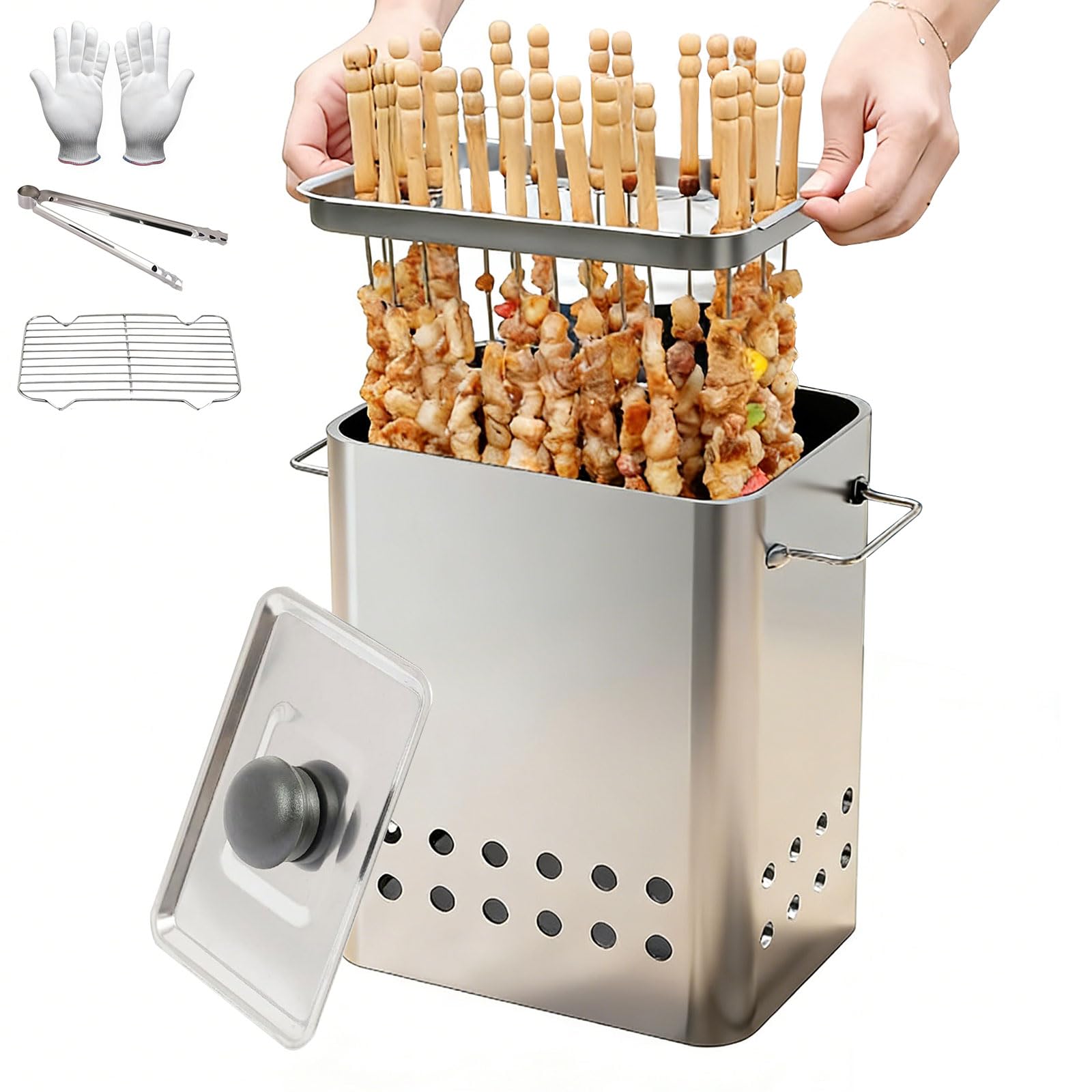 Bezdymny Wiszący Piec Do Grillowania, Przenośny Pionowy Grill Wędzarniczy Na Węgiel Drzewny Z 26 Szpikulcami I Siatką Do Grilla, Równomierne Ogrzewanie 360°, Wiszący Piec Do Grilla Ze Stali