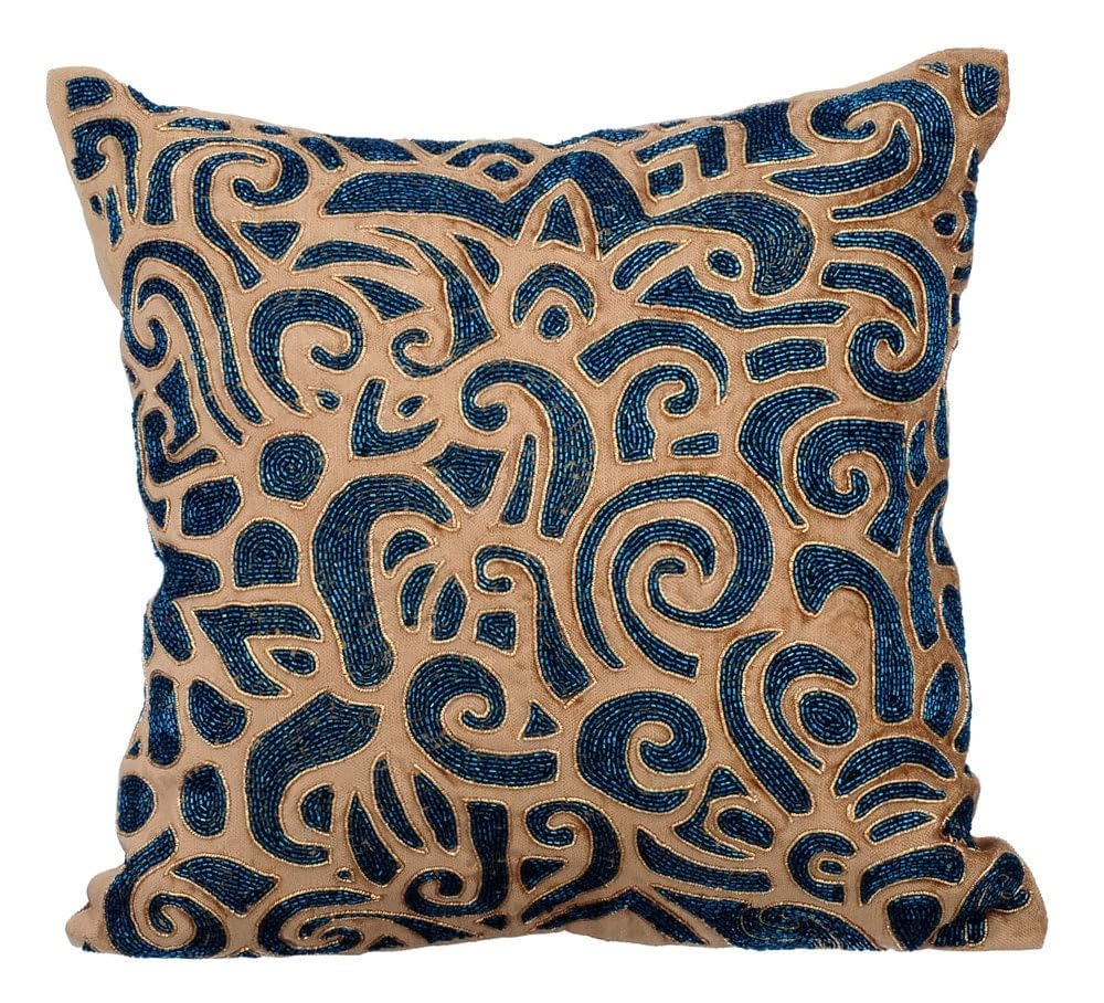 The HomeCentric Gold Throw Cushion Covers, Pack of 2, 45x45 cm (18"x18") Cushions Cover Cotton Velvet Throw Cushions Cover Metallic Beads Sparkly Beads Abstract Theme Cushion Covers- Gold & Sapphires โ image 1