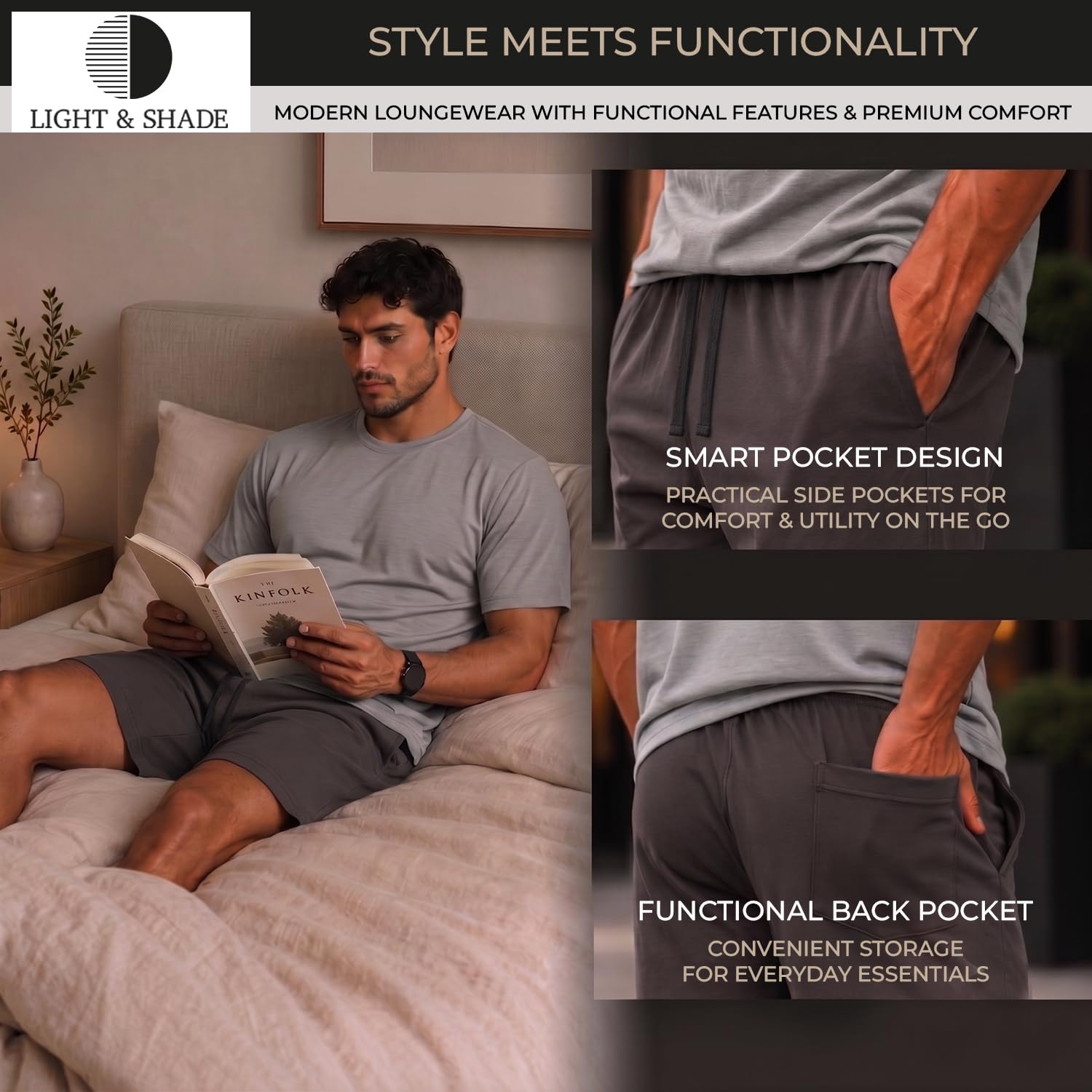 Light & Shade Conjunto Hombre Algodón Loungewear – Pijama con Camiseta y Pantalón Corto, Ropa Dormir Ligera Transpirable con Cordón Verano