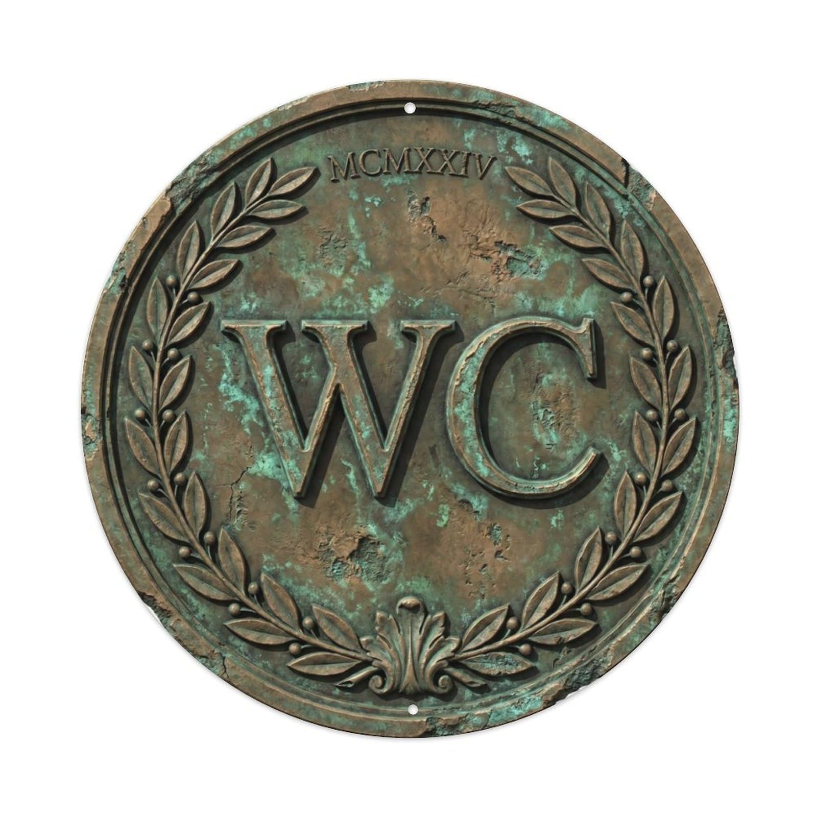 Toilet （WC） Bronze Green Patina Ornament Metal Tin Sign Plaque Wall Decor for Cafe, Club Bar, Office, Home Garden Round Metal Poster 8x8Inch
