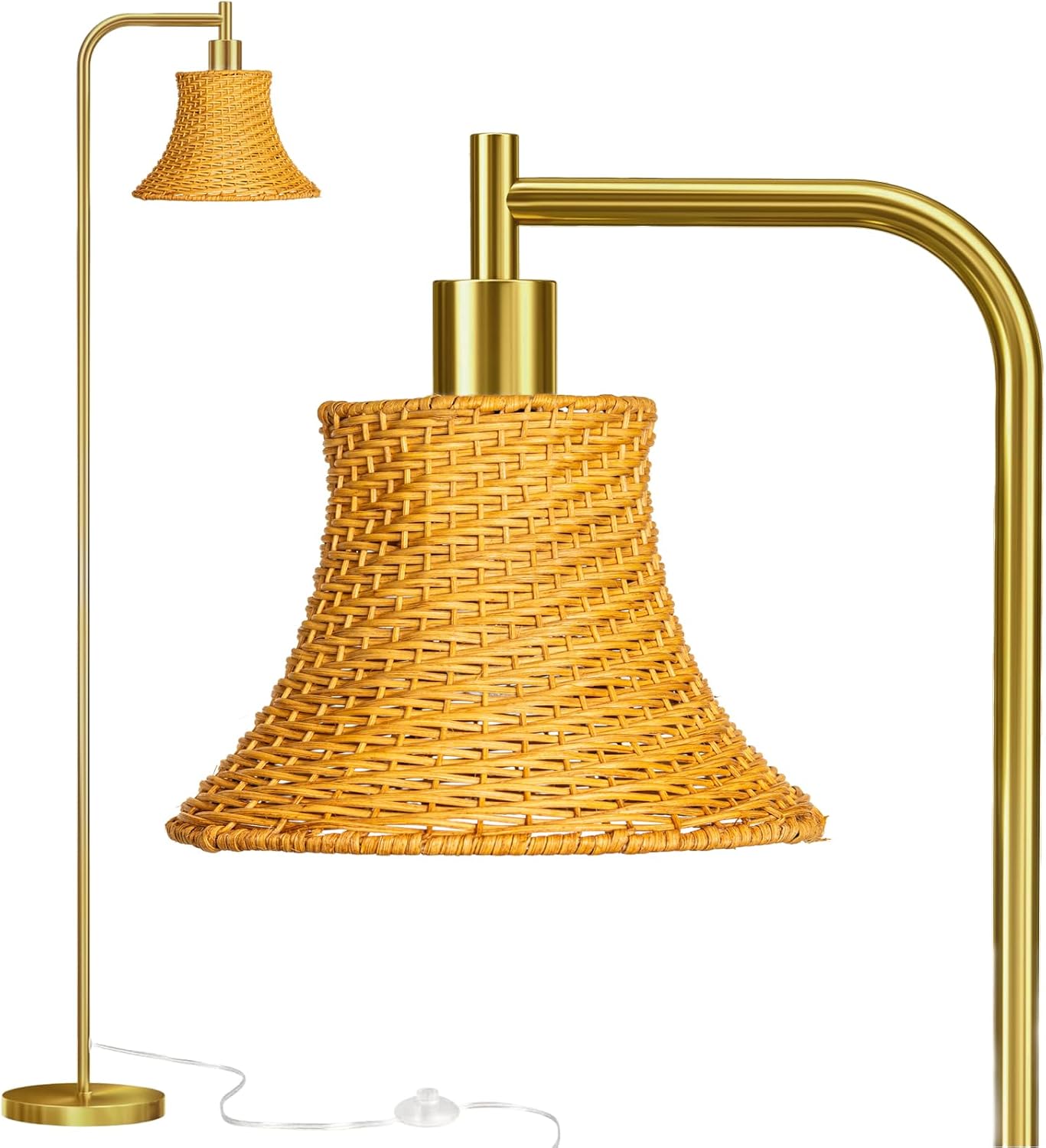 Glass Floor Lamp,67" Modern Standing Lamp with Sunset Grapefruit Glass Lampshade Metal Pole for Living Room, Bedroom, Office - Heavy Base,Pedal Switch (Include Bulb) (Rattan)