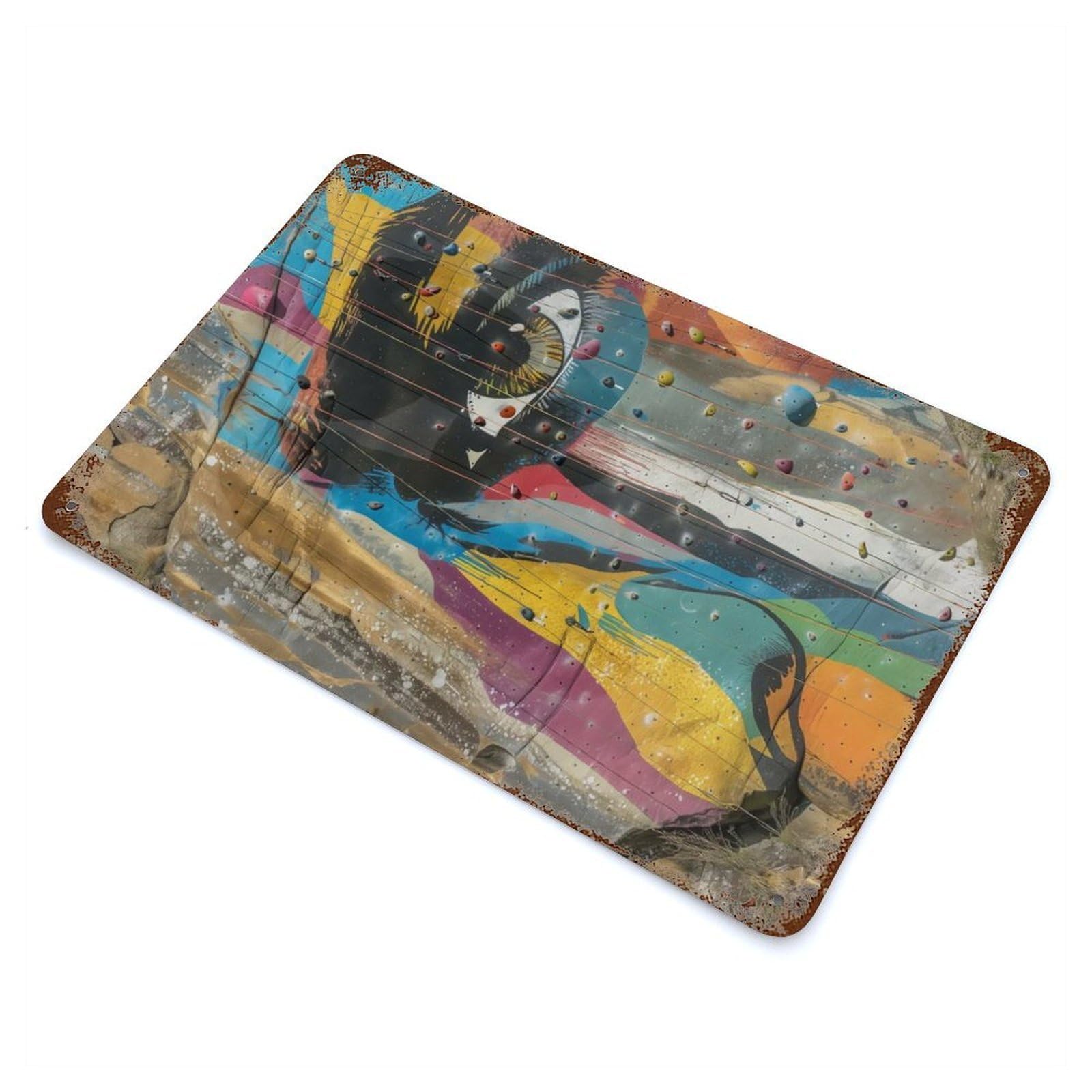 Aged Metal Wall Plaque with Graffiti Climb Design 11.8"x7.9", for Basement, Hobby Room And Garage Decor, Classic Wall Plaque