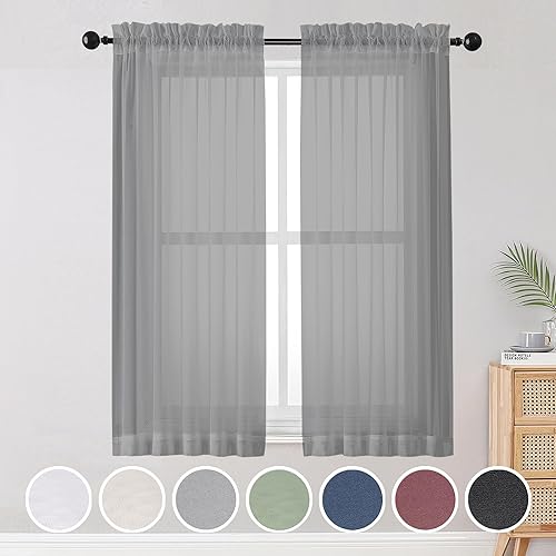 OWENIE Cortinas traslúcidas grises, cortinas transparentes de 63 pulgadas de largo, juego de 2 paneles de 2 paneles de gasa con bolsillo para barra,