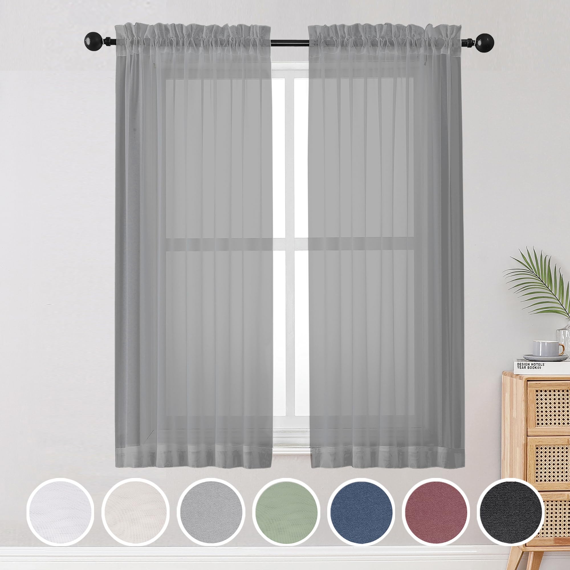 Gray Sheer Curtains, Sheer Curtains 63 inch Length 2 Panels Set, Rod Pocket Voile Fimly Sheer Drapes for Living Room/Bedroom, 2pcs, Each 42" W x 63" L