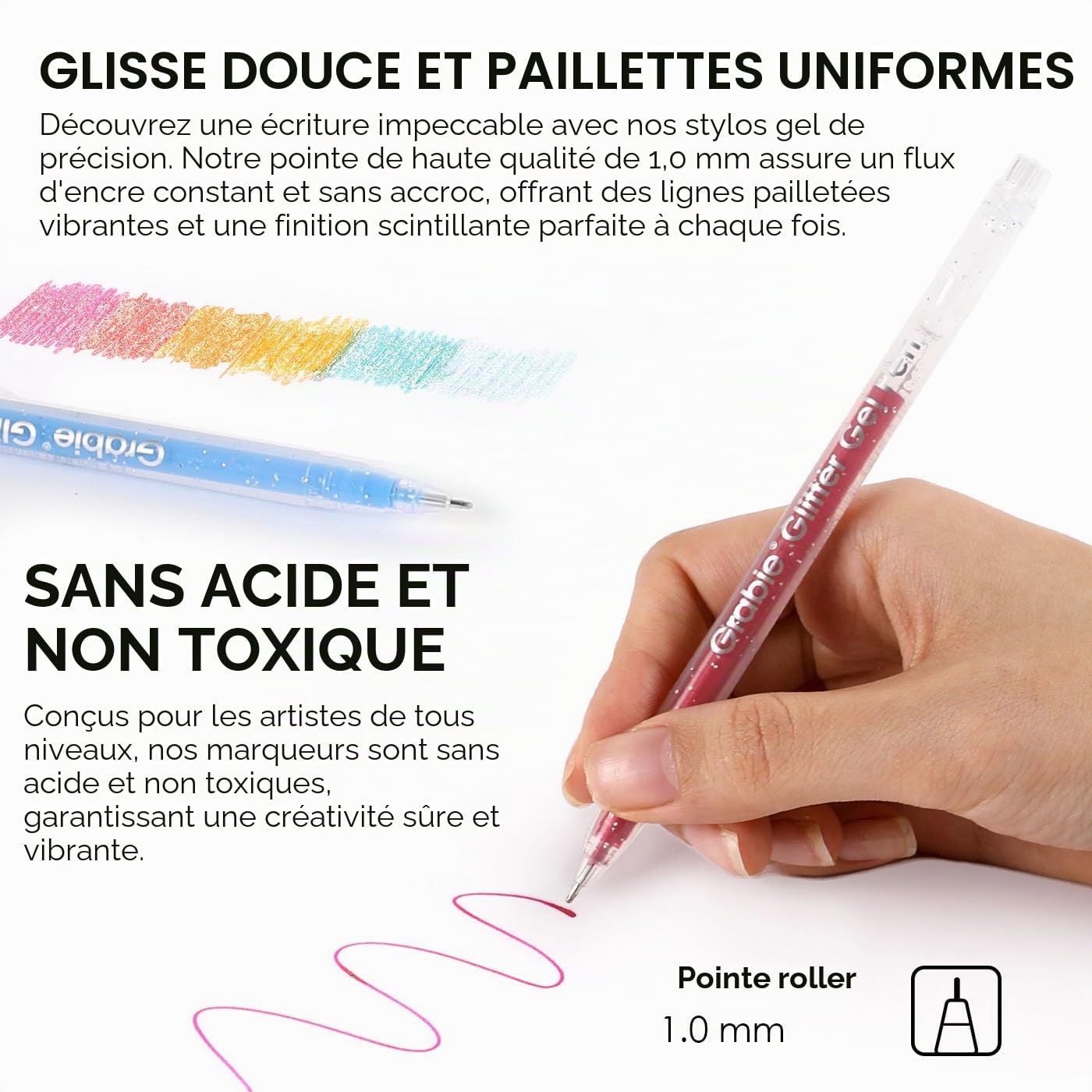 Grabie 42 couleurs Set de stylos gel pailletés à capuchon, pointe moyenne 1,0 mm, pointe roller lisse, stylos gel métalliques scintillants pour colorier, set de 42 couleurs