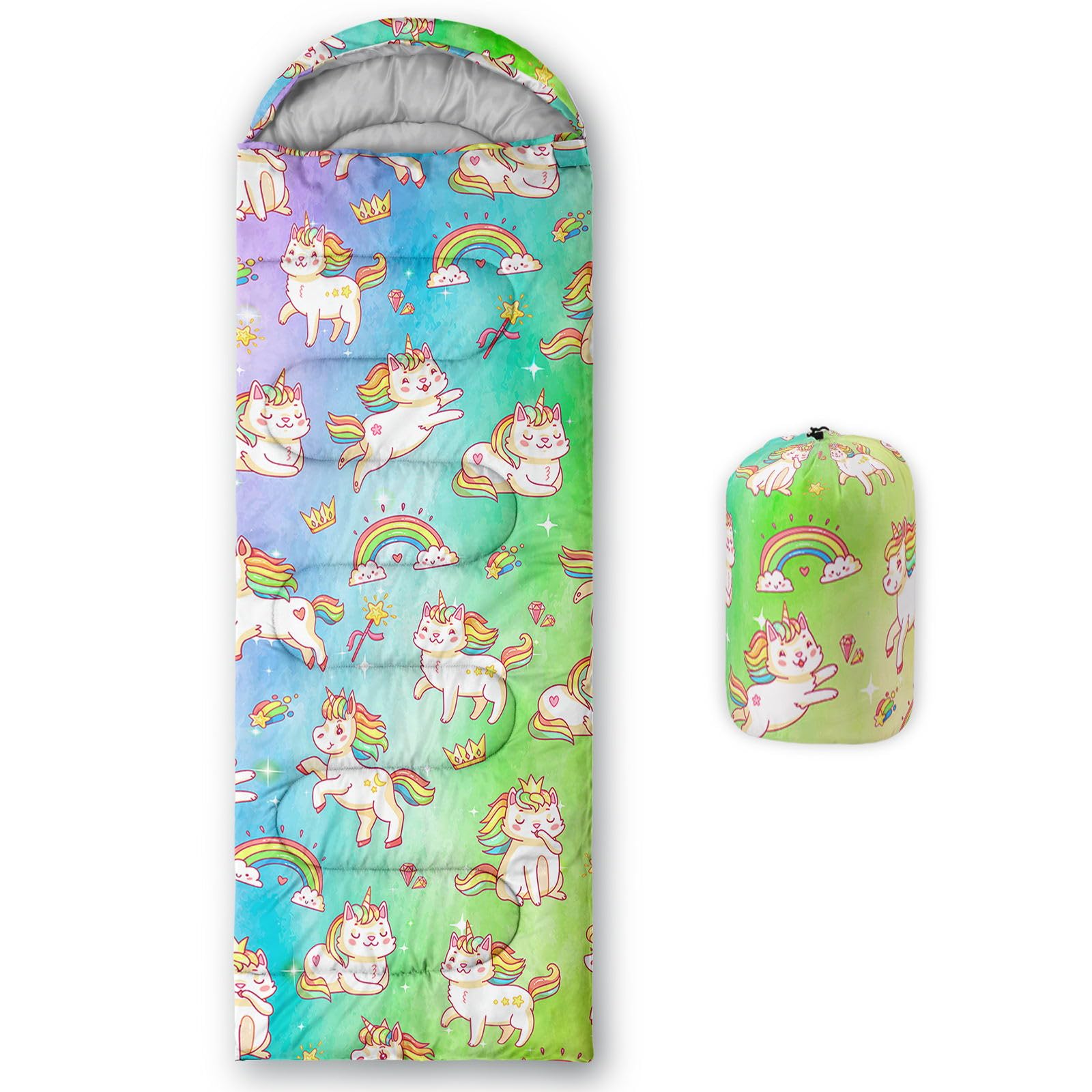 HOSIMA Sleeping Bags for Boys Girls Kids,Rainbow Unicorn Cat Printeded Lightweight Warm Portable Outdoor Indoor Waterproof Cold Resistant Sleeping Bag for Camping Hiking (Unicorn)