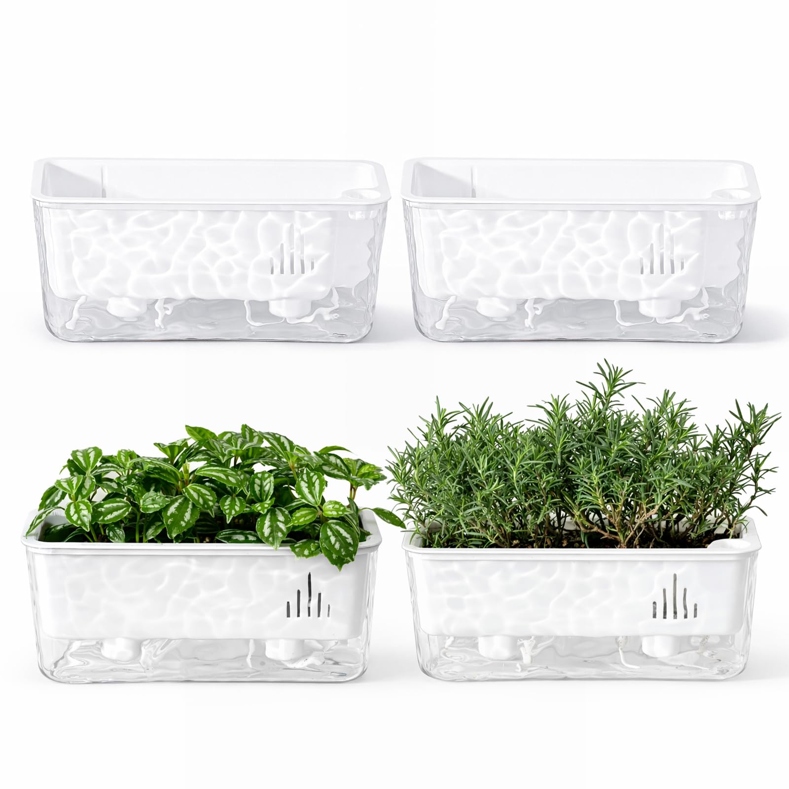 Macetas de riego automático para planes de interior, 4 paquetes de macetas rectangulares de autorriego de 11 pulgadas, macetas rectangulares transparentes largas para hierbas, alféizar de ventana