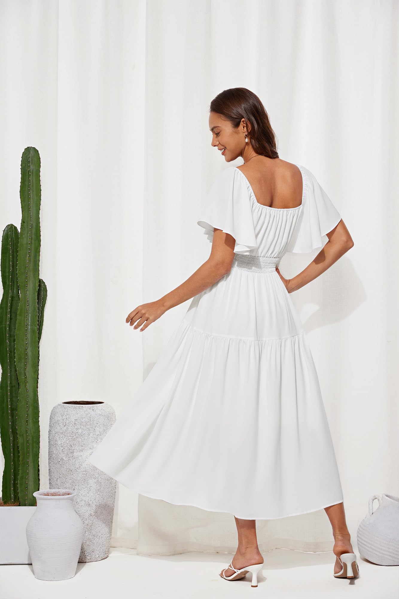 GRACE KARIN Robe Longue Élégante Femme Col Carré Manches Courtes Volantées Taille Haute Robe de Cérémonie Blanc M