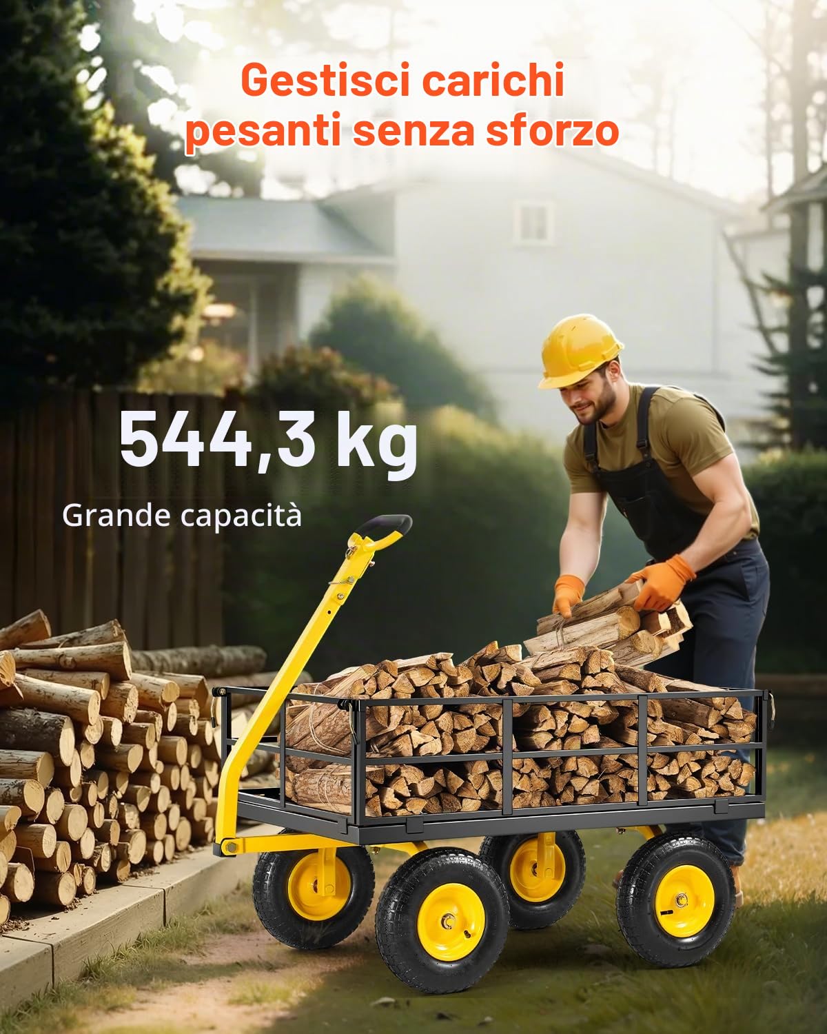 VEVOR Carrello da Giardino in Acciaio 544,31 kg Carrello da Giardino Trainabile per Impieghi Gravosi, Rimorchio da Giardino in Metallo per Esterni con Pneumatici da 330,2 mm Maniglia Girevole a 180°