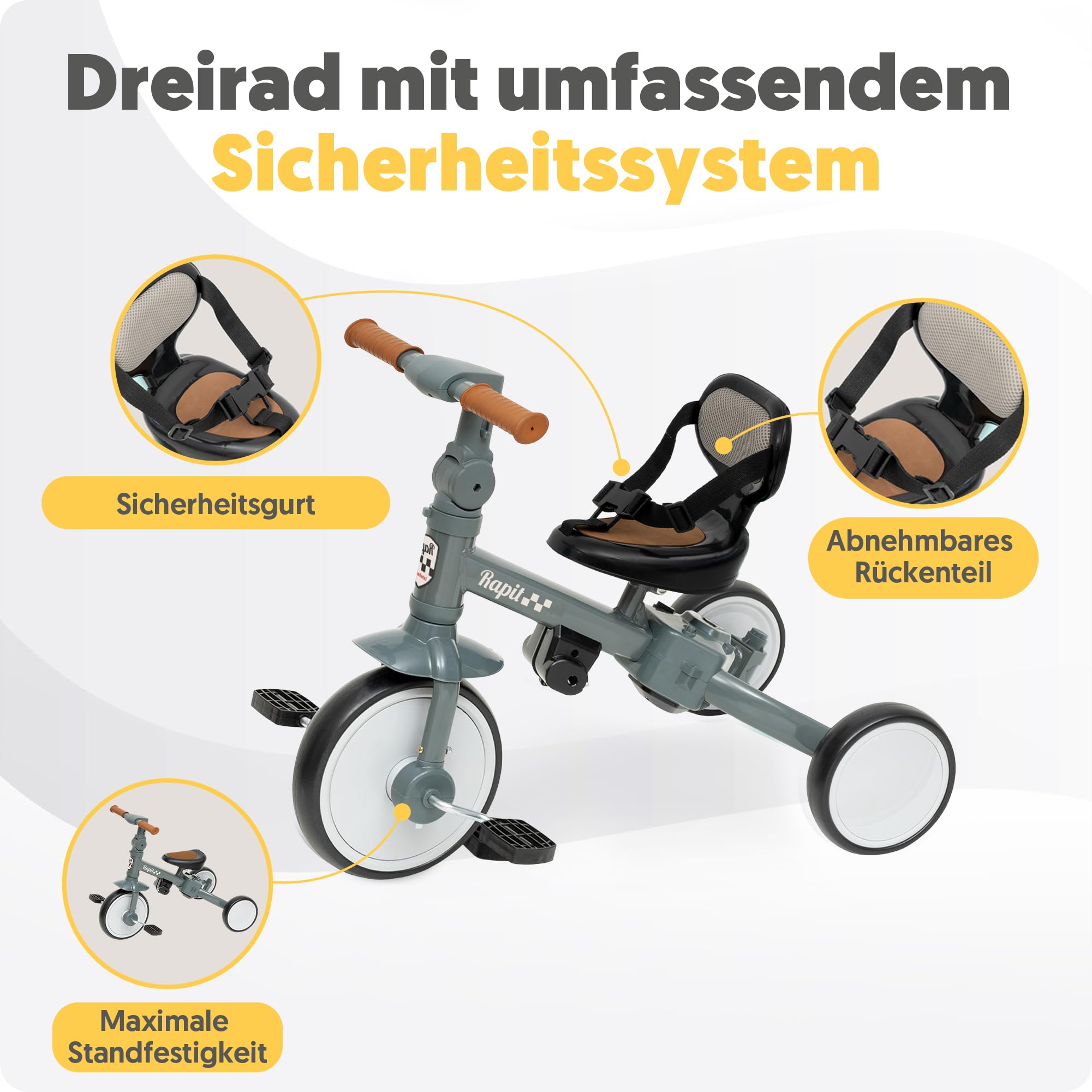 Interbaby Dreirad & Laufrad 5 in 1 ab 1 Jahr mit Schubstange (Grau) | Kinderdreirad mitwachsend, Sitz und Lenker verstellbar | Laufrad ohne Pedale | 1 bis 5 Jahre