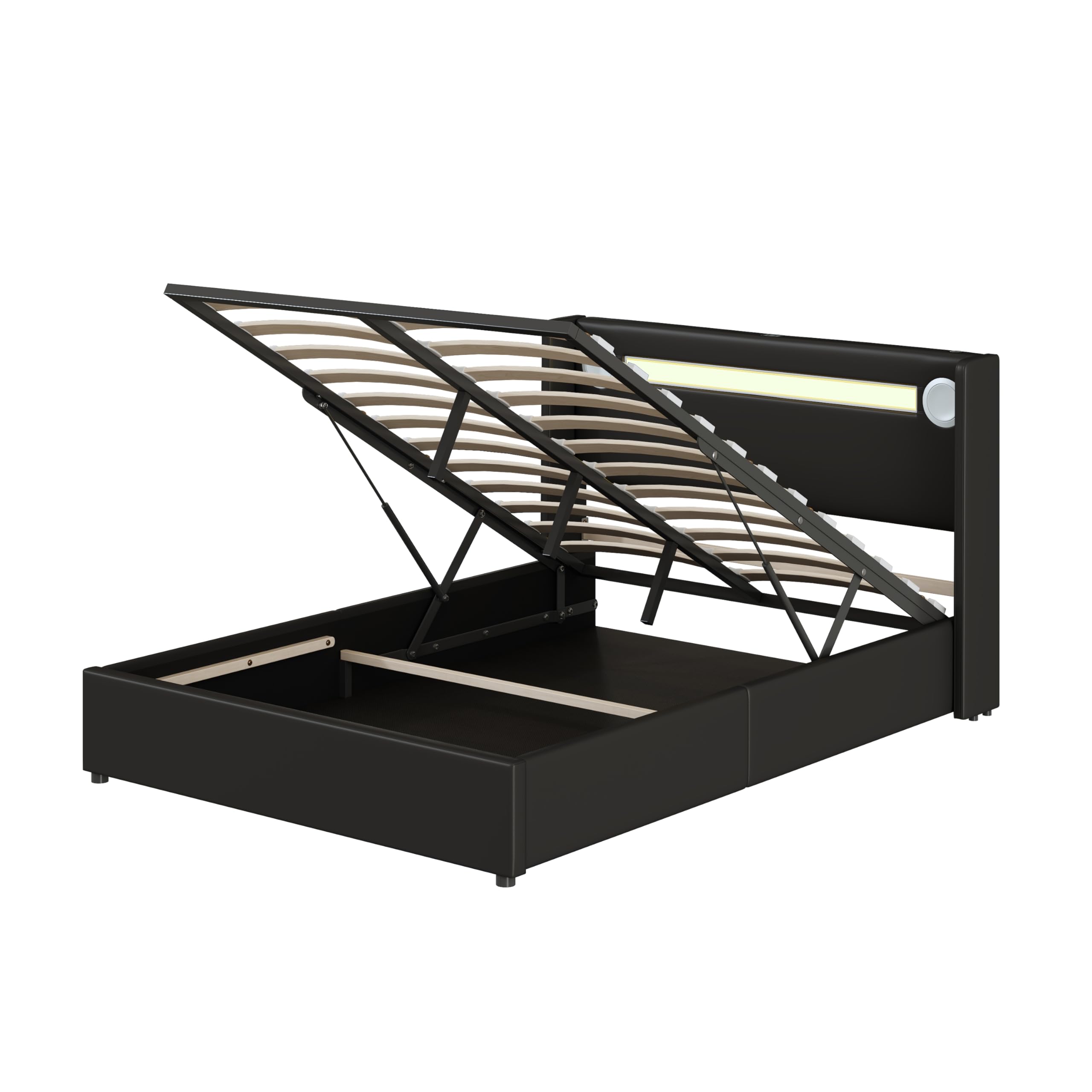 Merax Cama tapizada de 140 x 200 cm con tiras de luz LED, espacio de almacenamiento cama con reproductor Bluetooth y carga USB, para jóvenes y adultos, piel sintética negra (sin colchón)