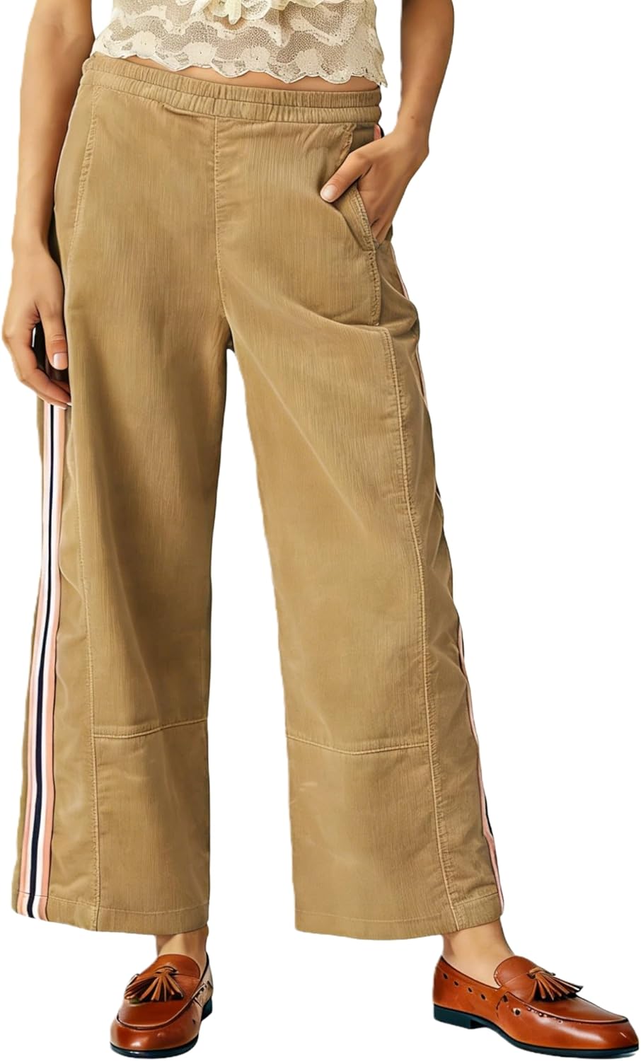 Majdan Womens Corduroy Pants Casual Elastic Waist Barrel Pants Wide Leg Cropped Trousers with Pockets