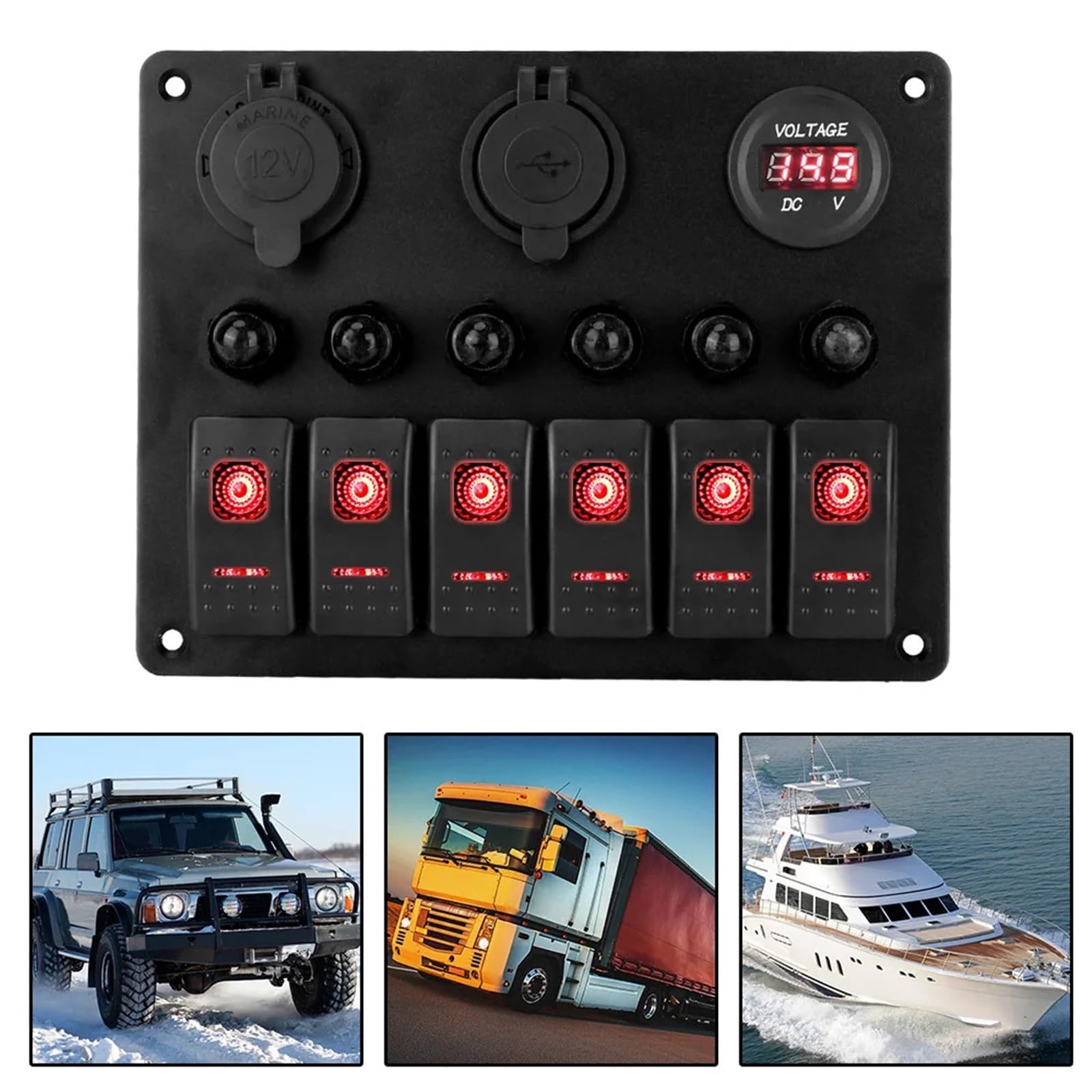 Panel de interruptores for coche de 12 V y 24 V, 6 botones, fusible de 15 A, disyuntor marino, voltímetro, comprobador de luz, cargadores USB 3.0, divisor automático Interruptor Basculante(6 gang red)