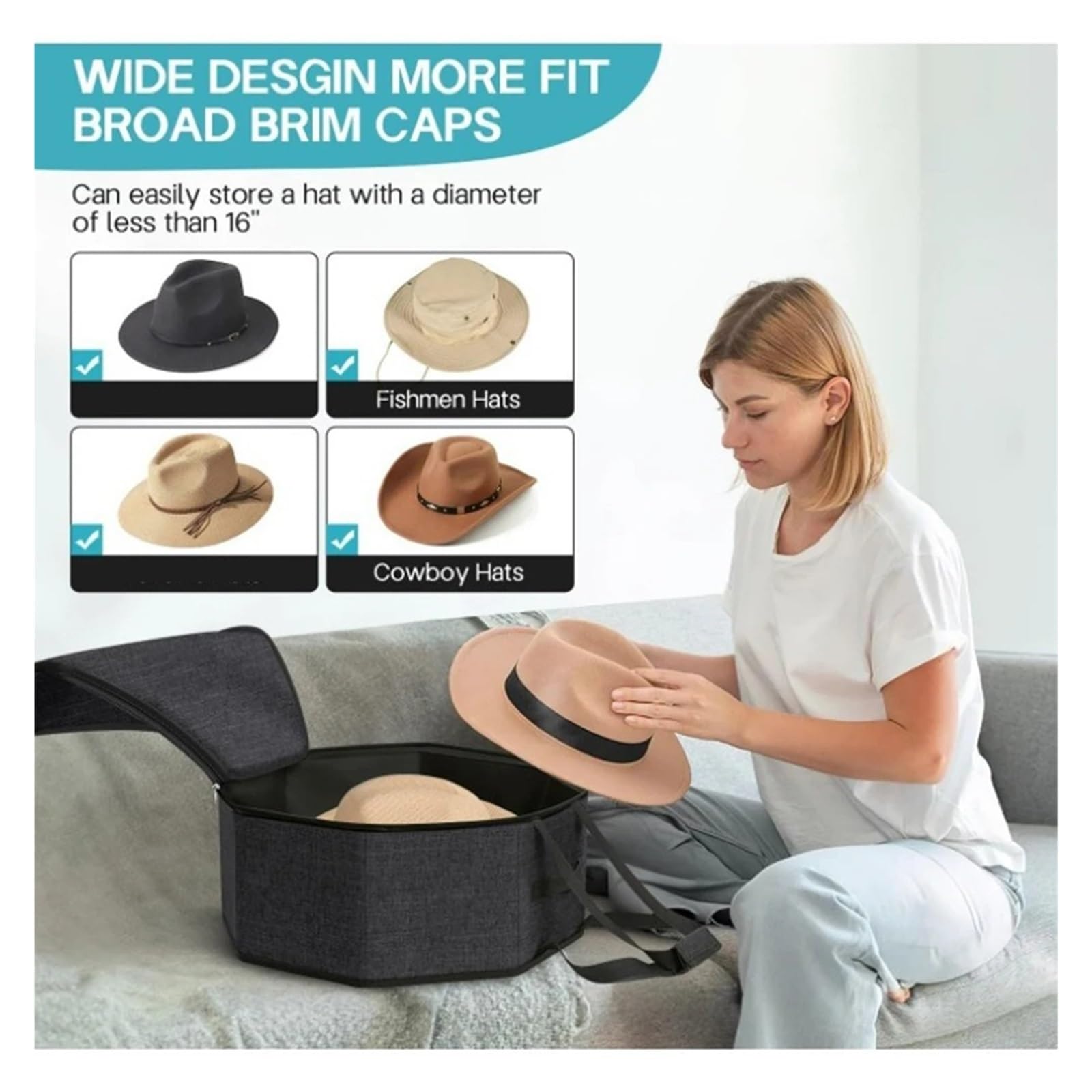 Estuche plegable for guardar sombreros, caja for sombreros de viaje, organizador de sombreros de vaquero for armario con asas, cajas for sombreros for hombres y mujeres(Black)