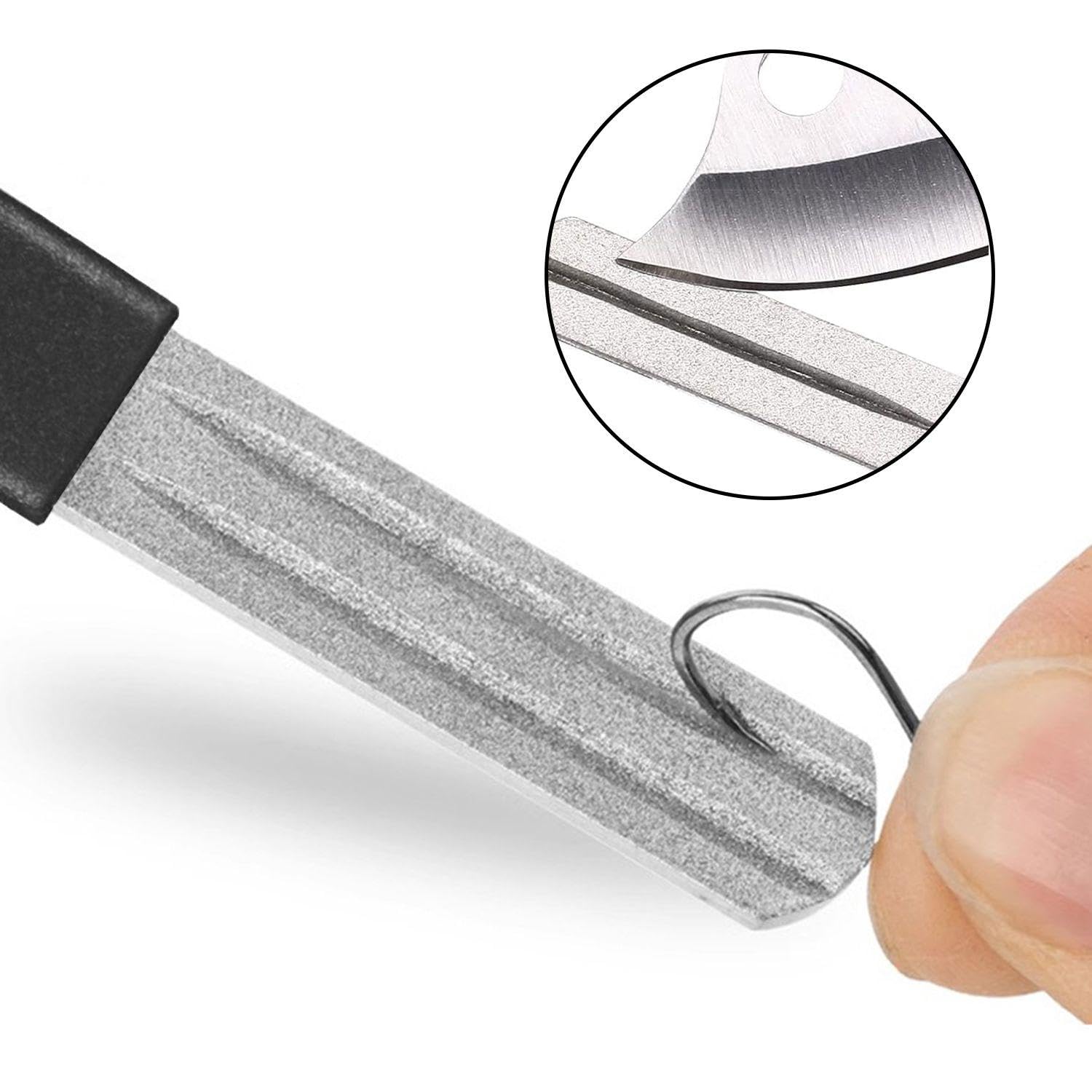 2 Stück Mini-Schleifsteine, 2 Stück Karabiner, Angelhaken-Hakenschärfer, Diamantpfeil-Schleifstein, Praktischer Spitzer, Angelhaken-Zubehör