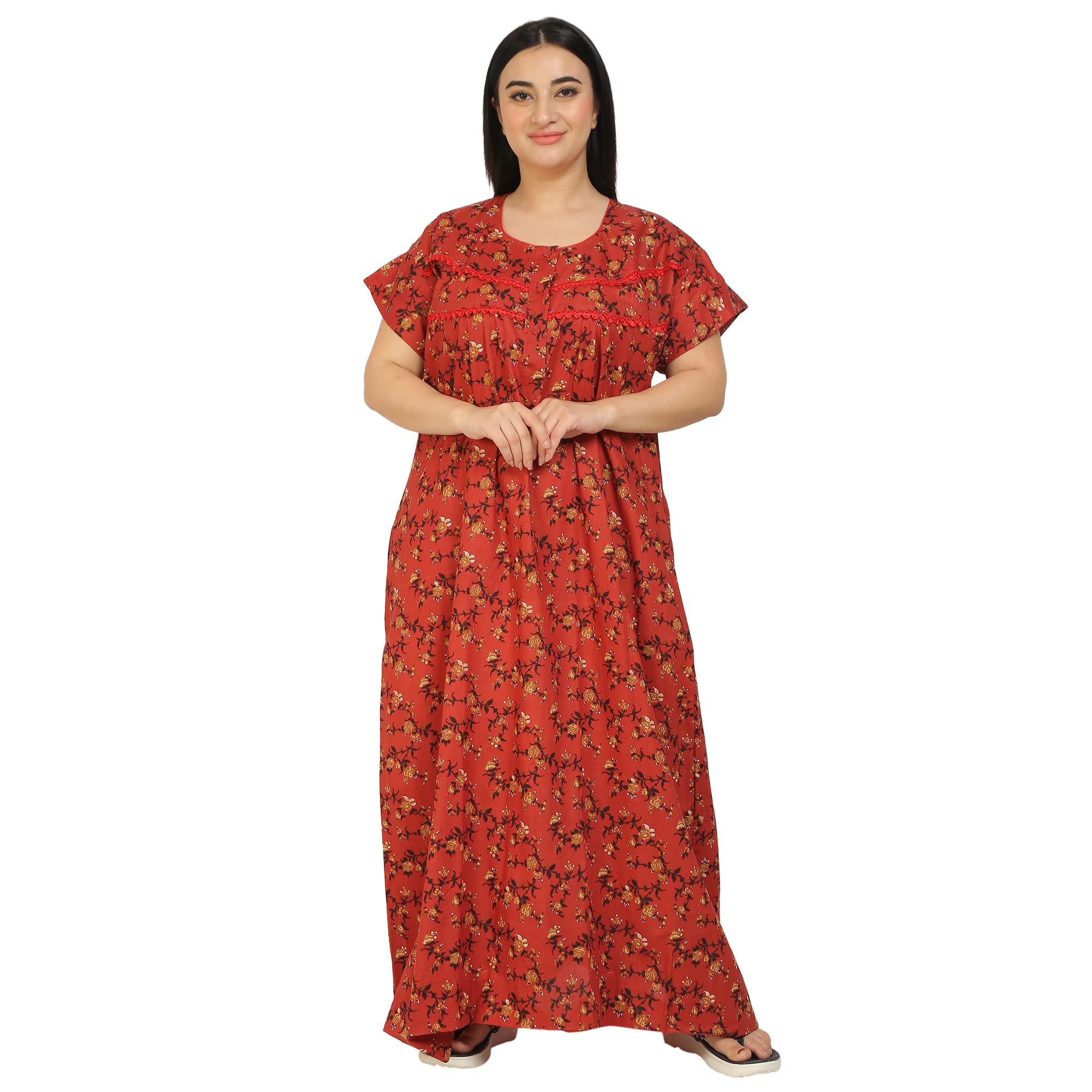 OSF Women's Printed Cotton Floral Maxi Round Neck Full Length Nightwear Night Gown Nighty (Pack of 1, NW0372)