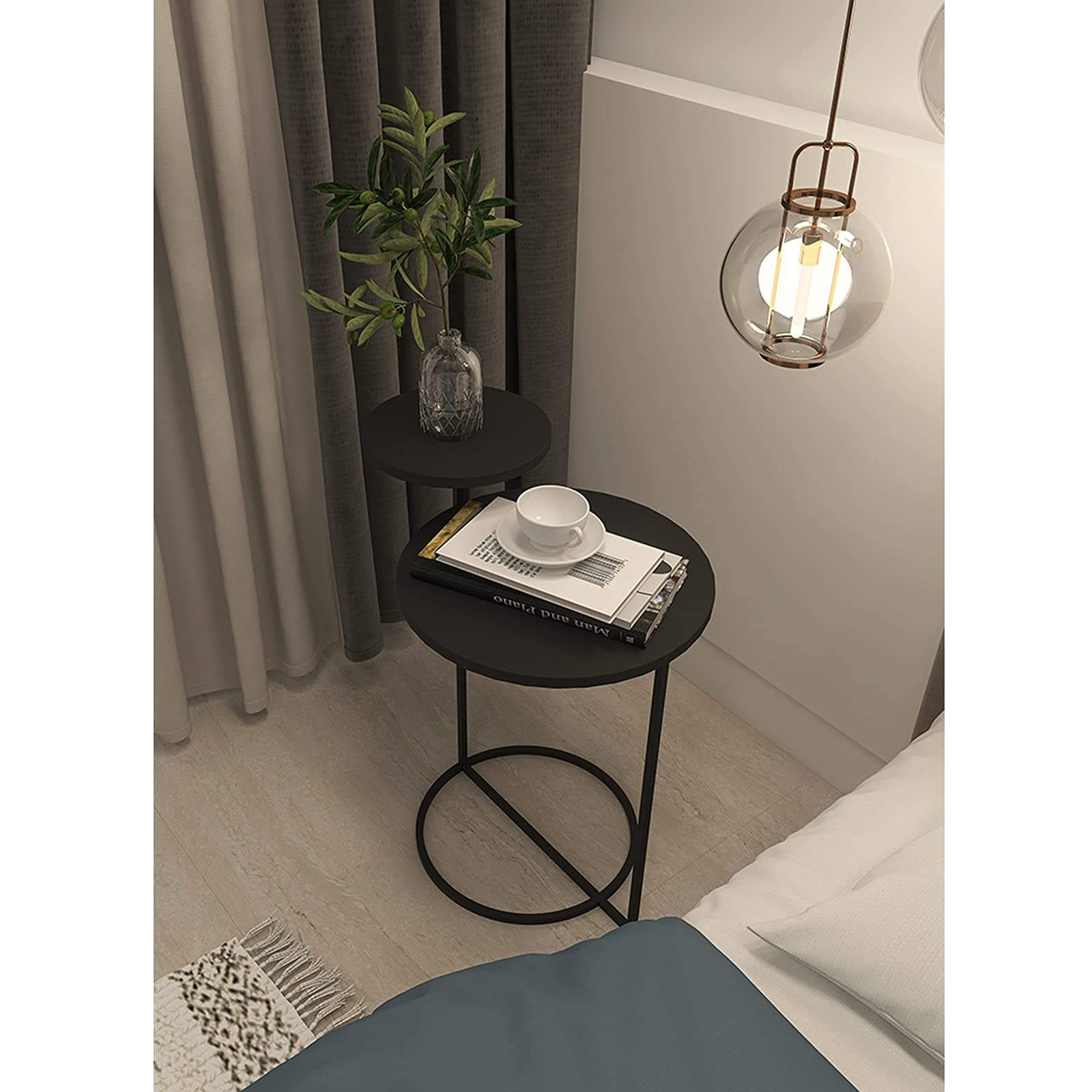 Tavolino Rotondo 3 Livelli Stile Vintage, Comodino Da Salotto Con Struttura In Metallo, Piccolo E Salvaspazio, 40x40x55 Cm Colore Rovere - 3