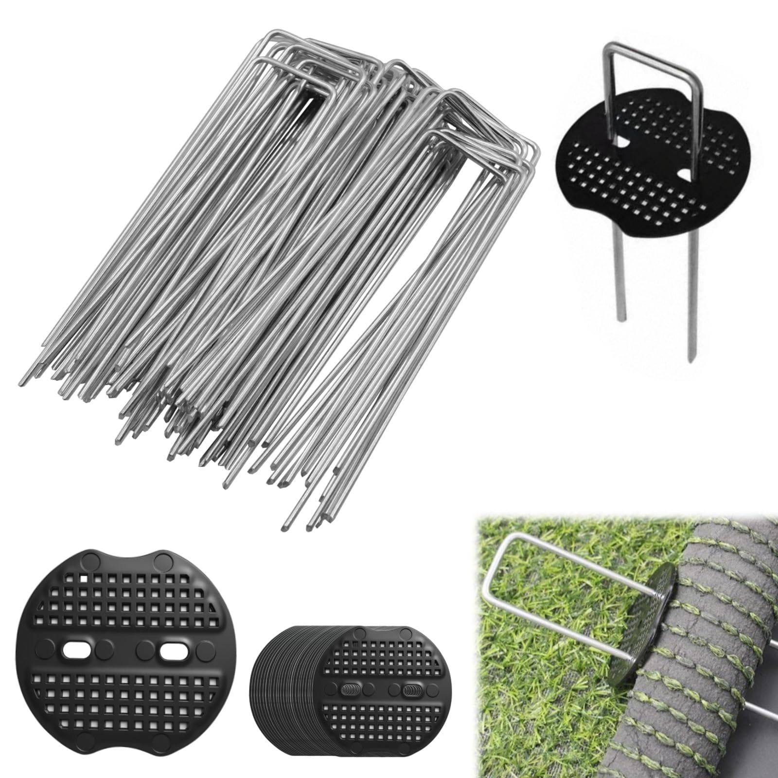 60 Piezas Grapas Césped, 150 x 40 x 2.5 mm Piquetas Cesped Galvanizados, Grapas Cesped Artificial, con 30 Arandelas, Estacas de Jardin para Fijar Vallas, Láminas Antihierbas, Acampar