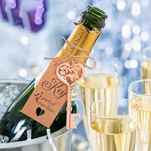 Miniatura 8 de 50 abridores de botellas con llave de mariposa, recuerdos de fiesta de boda, diseño de esqueleto vintage de mariposa de oro rosa con tarjetas de