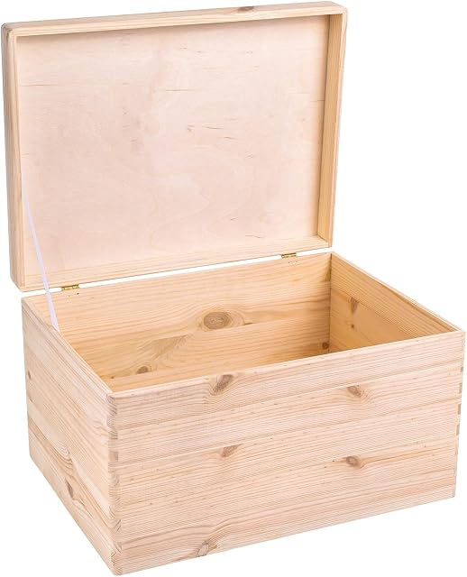 Creative Deco XXL Large Plain Wooden Storage Box | 40x30x24 cm (+/-1 cm) | with Hinged Lid | Unpainted Gift Box for Tool Shoes Kitchen Storage | ROUGH & UNSANDED Wood Keepsake Memory Craft Chest