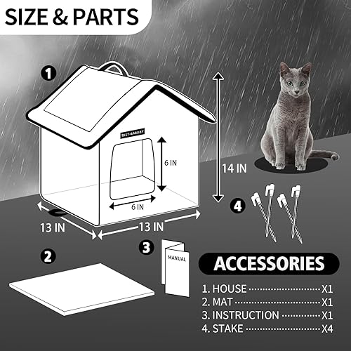 Rest-Eazzzy Cat House for Outdoor Cats, Weatherproof and Insulated Feral Cat House with Mat and Clip, Easy to Put Together, Selfwarming Cat Shelter for Winter, Never Blow Away (Black, House X 2)