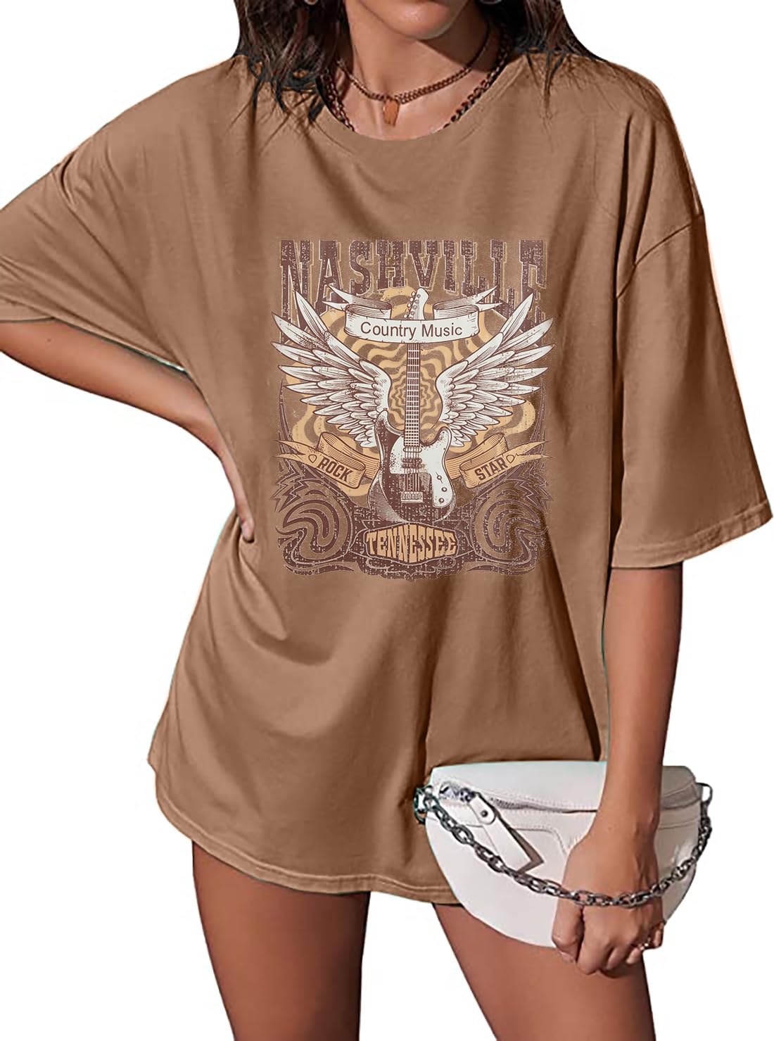 UNIQUEONEWomen's Oversized Country Music Shirts Nashville Concert Outfit Casual Rock Band Tshirt Vintage Graphic Tees Tops