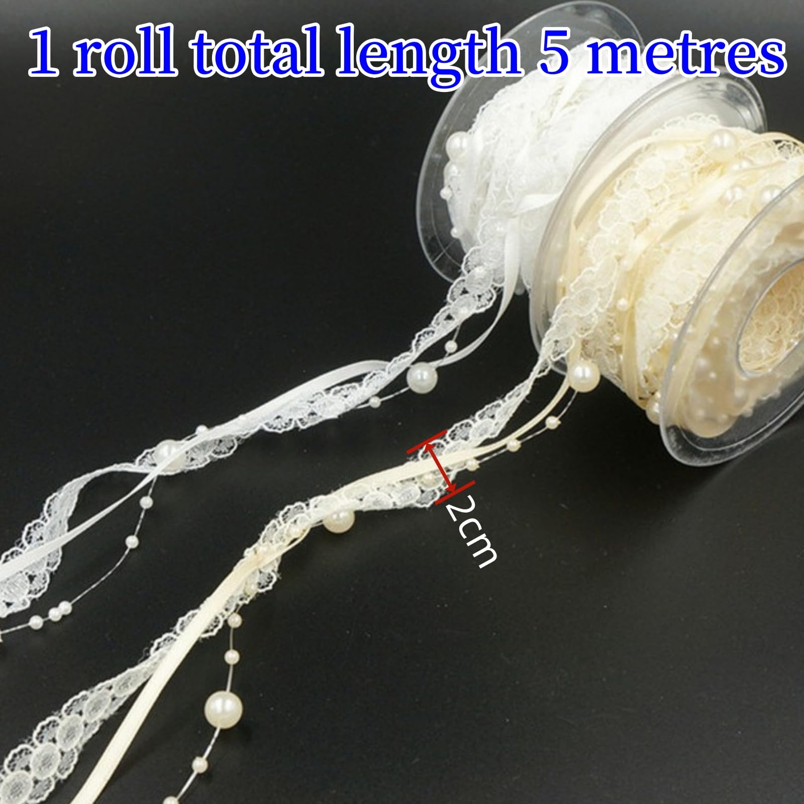 Cinta de encaje con perlas de 20/10 metros, 2 cm de ancho y organza de encaje, cinta decorativa para flores de boda, costura, manualidades, embalaje (4 rollos blancos)