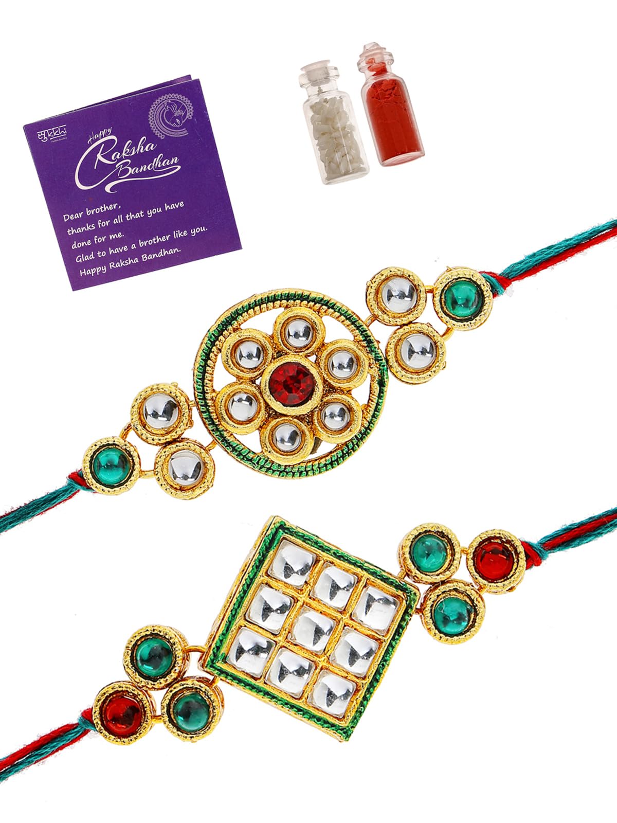 Sukkhi Rakhi Iconic Designer Kundan Meenakari Red Green Gold Plated Premium Rakhi for Brother With Roli Chawal & Greeting Card|Rakhi for Brother/Bhaiya/Bhai/Men|Rakhi Combo-Set of 2|CBRAK106957 (B0D6BZJ7HN) Amazon Price History, Amazon Price Tracker