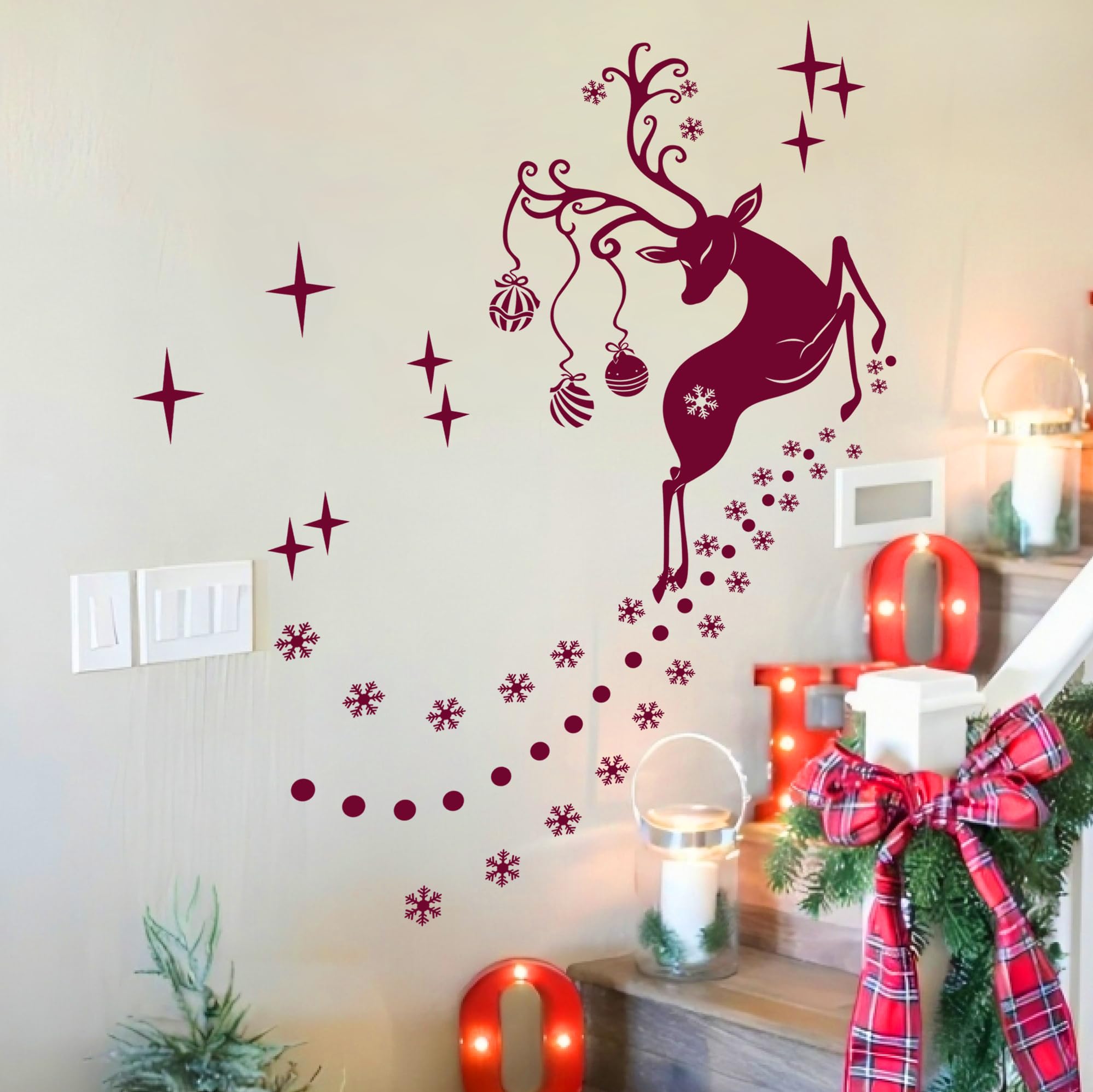 Durable Vinyl Christmas Wall Stickers, Double Sided Santa Reindeer Snowflake Decorations, Removable 55x80cm Rudolf Xmas Window Decals for Home Office Shop Party Décor, for 1.5-2M Wall, Burgundy