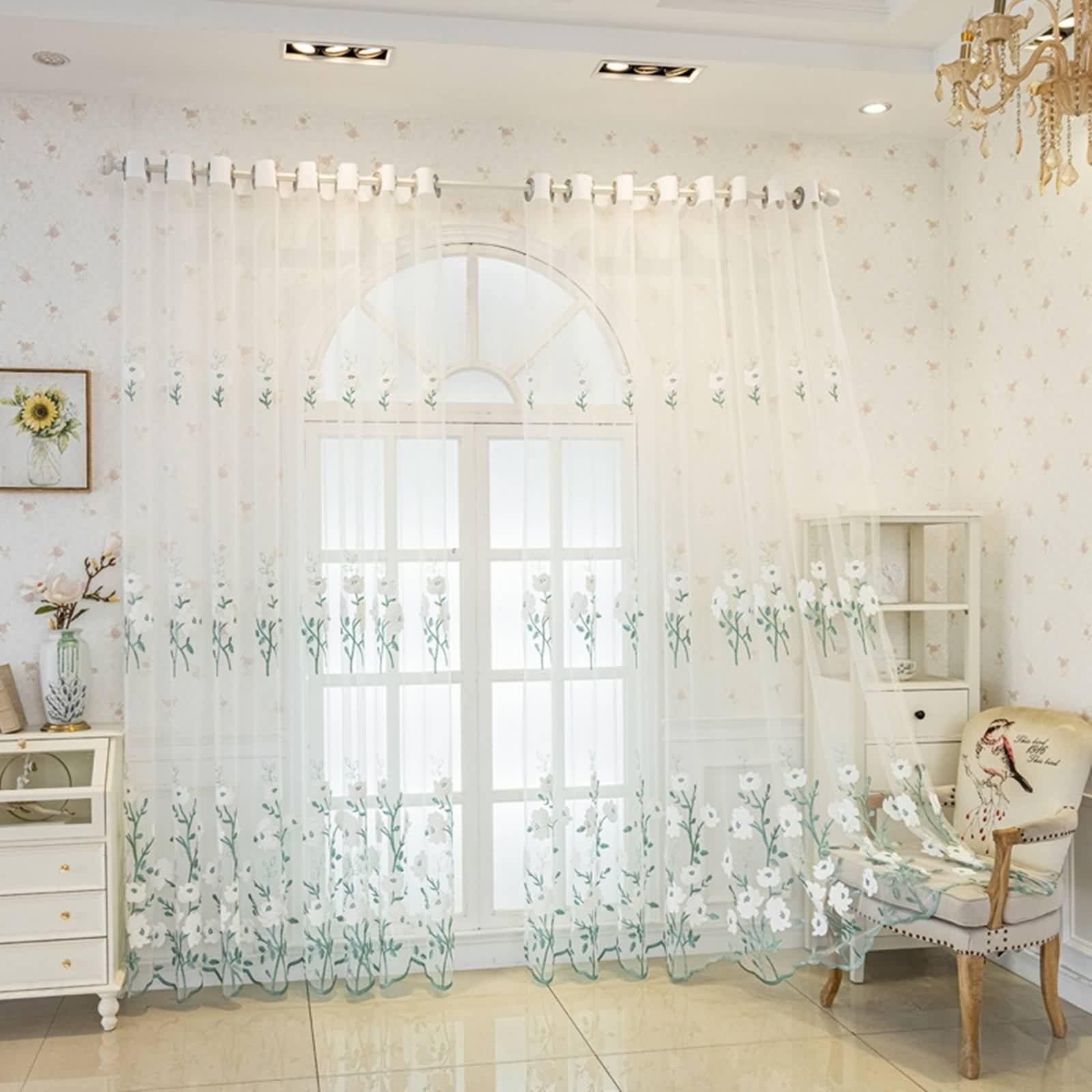 Gardinen Vorhänge, Küchenvorhang Modern Grün Weiß mit Häkelblume Polyester für Schlafzimmer Wohnzimmer 2er Set 86x138cm BxH